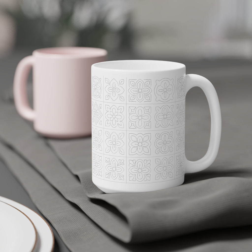 White Tile Pattern Ceramic Mug — Minimal Floral Mosaic Coffee Cup (11/15/20oz)