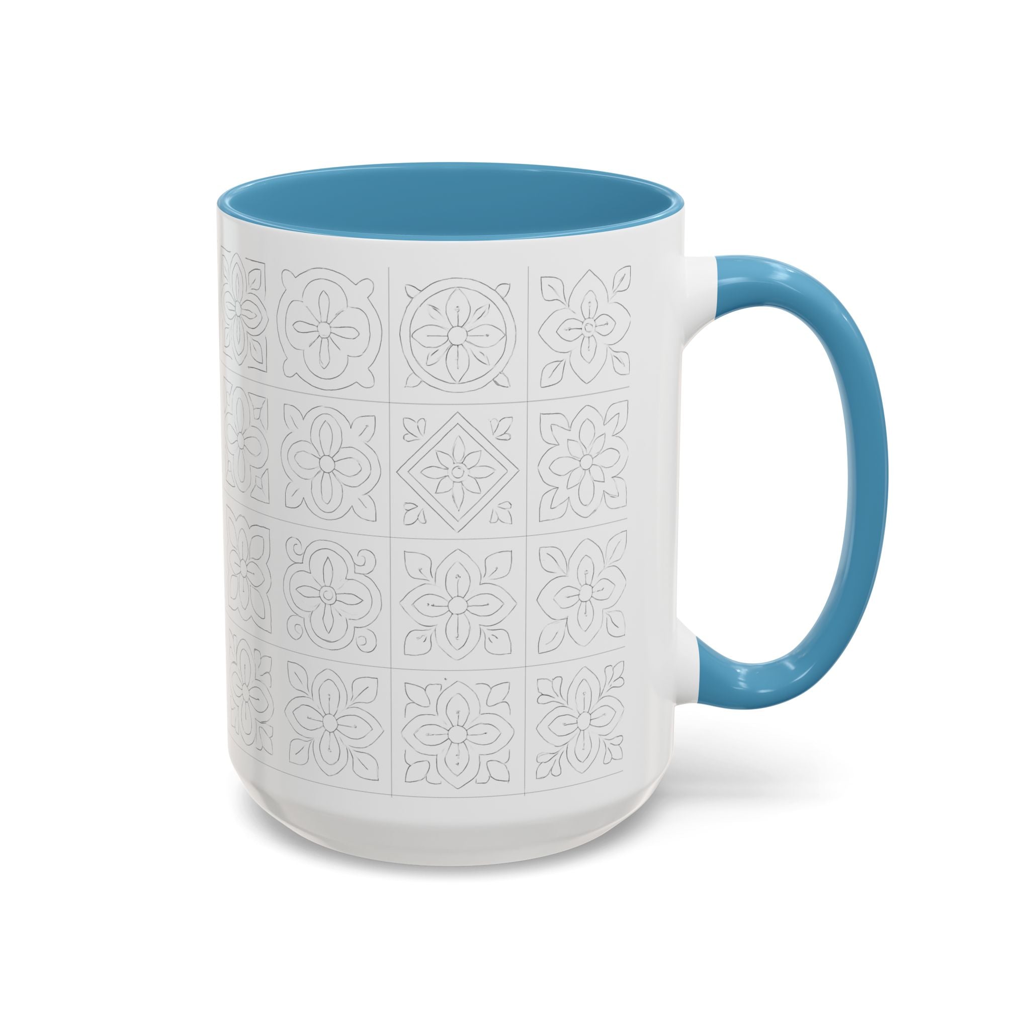 Ceramic Coffee Mug — Subtle Maltese Tile Pattern, Black Handle & Interior (11/15 oz)