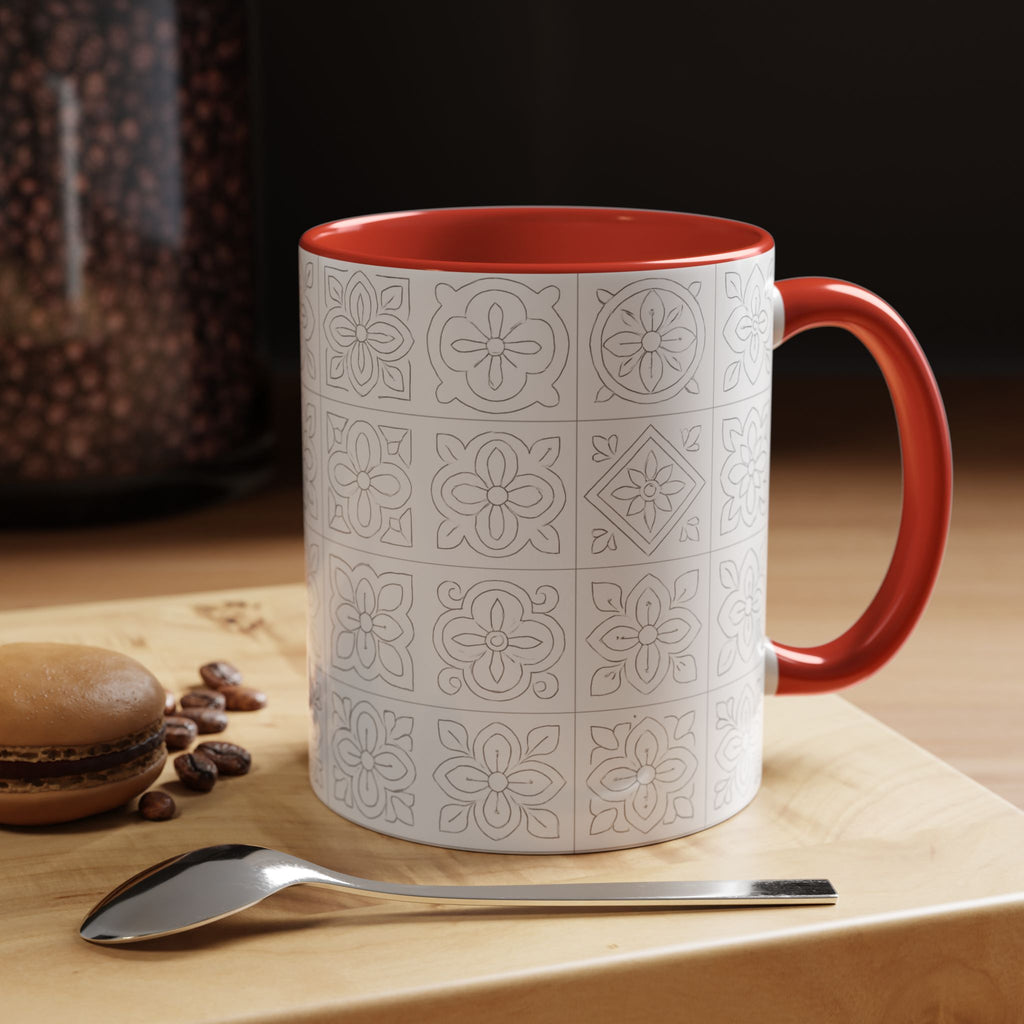 Ceramic Coffee Mug — Subtle Maltese Tile Pattern, Black Handle & Interior (11/15 oz)