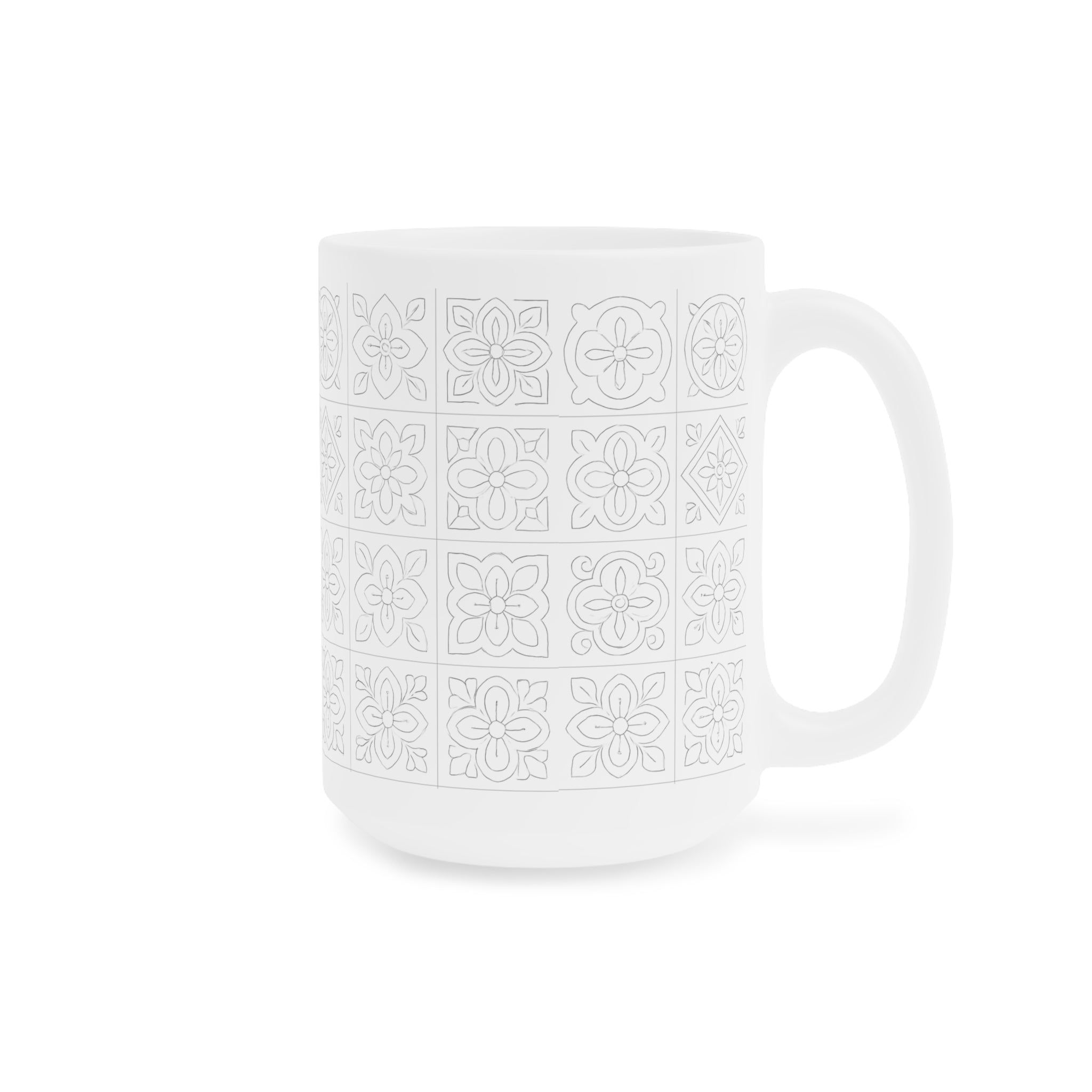 White Tile Pattern Ceramic Mug — Minimal Floral Mosaic Coffee Cup (11/15/20oz)