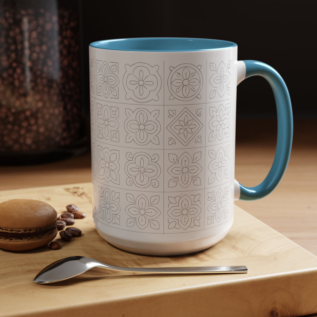 Ceramic Coffee Mug — Subtle Maltese Tile Pattern, Black Handle & Interior (11/15 oz)