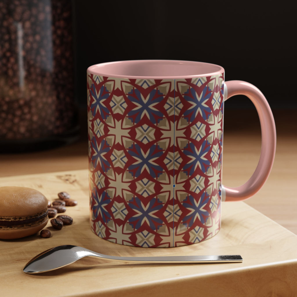 Ceramic Coffee Mug — Subtle Tile Pattern, Colored Handle & Interior (11/15 oz)