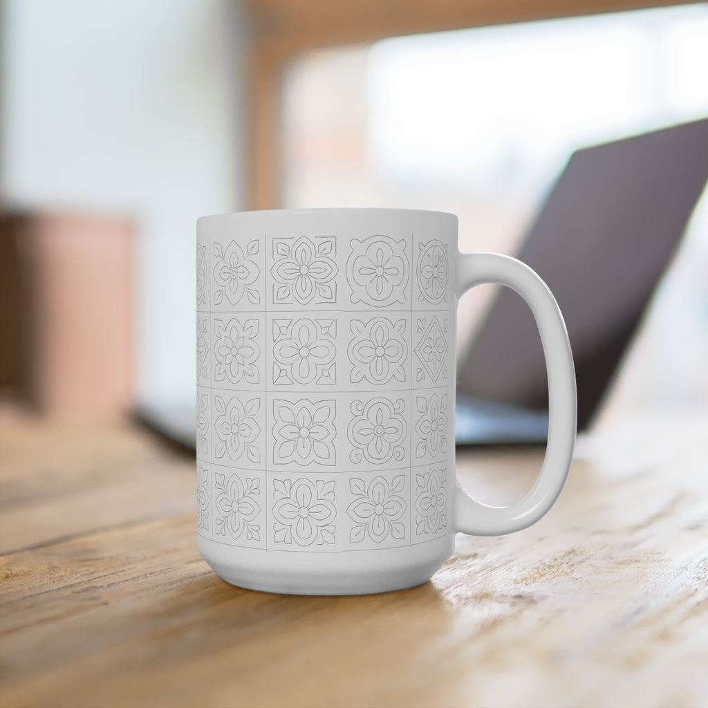 White Tile Pattern Ceramic Mug — Minimal Floral Mosaic Coffee Cup (11/15/20oz)