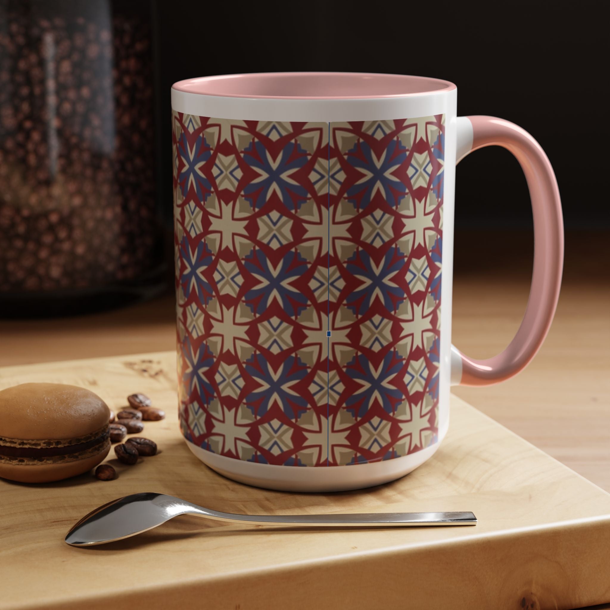 Ceramic Coffee Mug — Subtle Tile Pattern, Colored Handle & Interior (11/15 oz)
