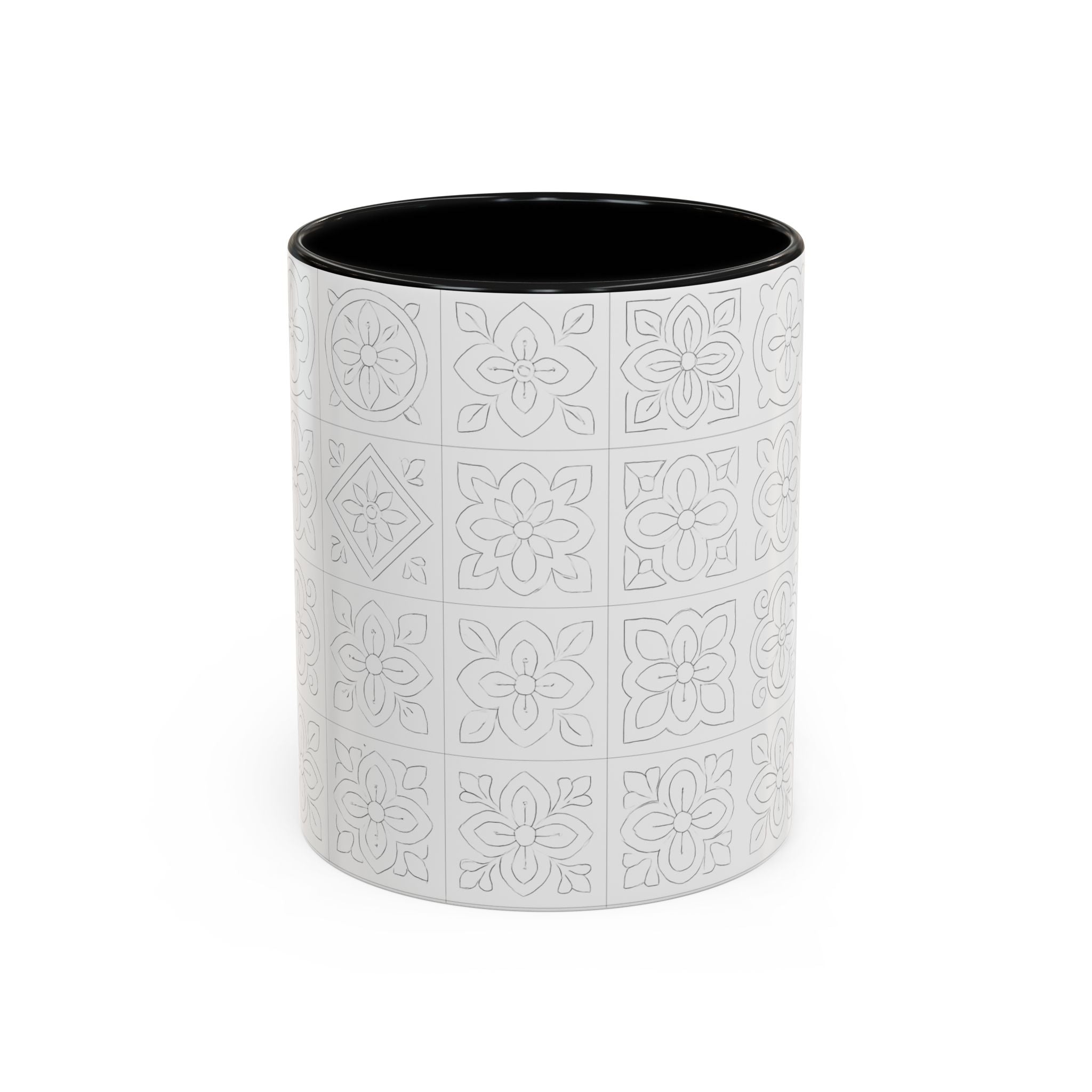 Ceramic Coffee Mug — Subtle Maltese Tile Pattern, Black Handle & Interior (11/15 oz)
