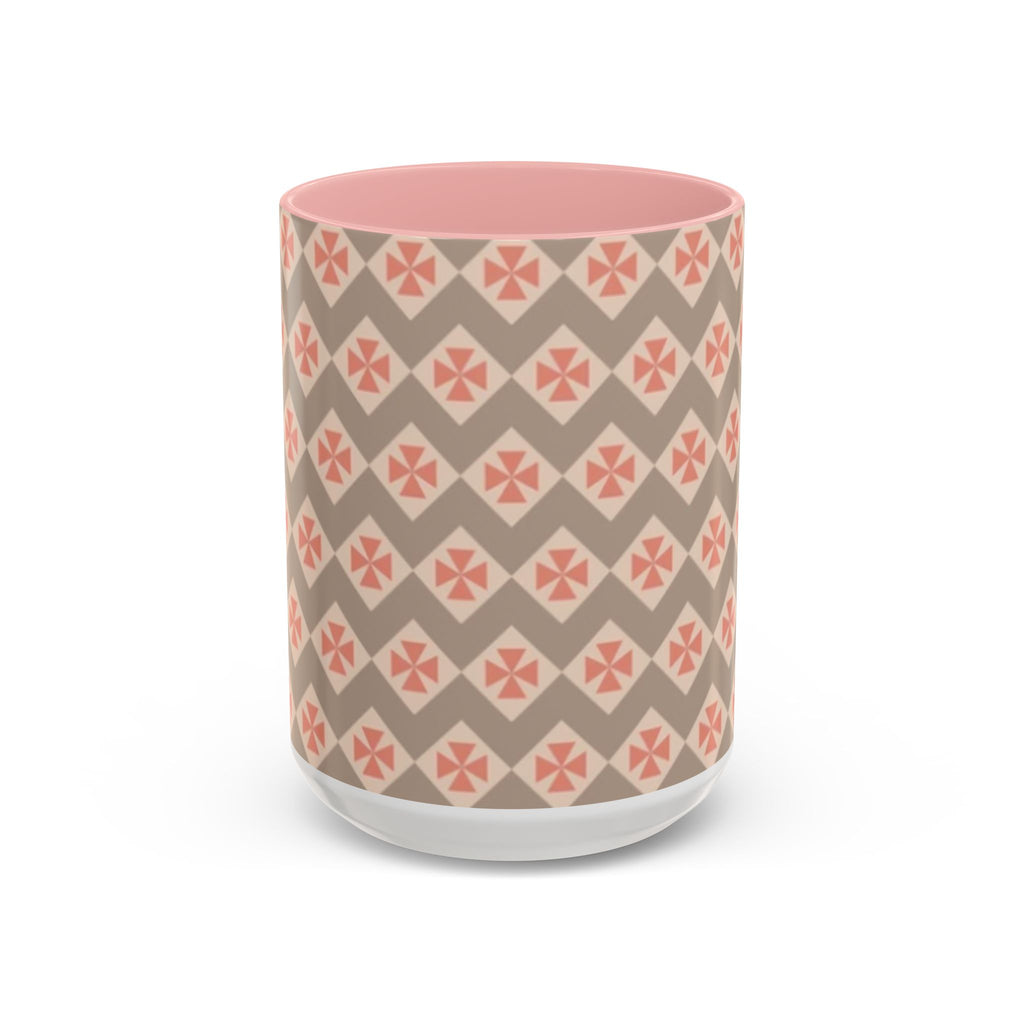 Ceramic Coffee Mug — Subtle Tile Pattern, Pink Handle & Interior (11/15 oz)
