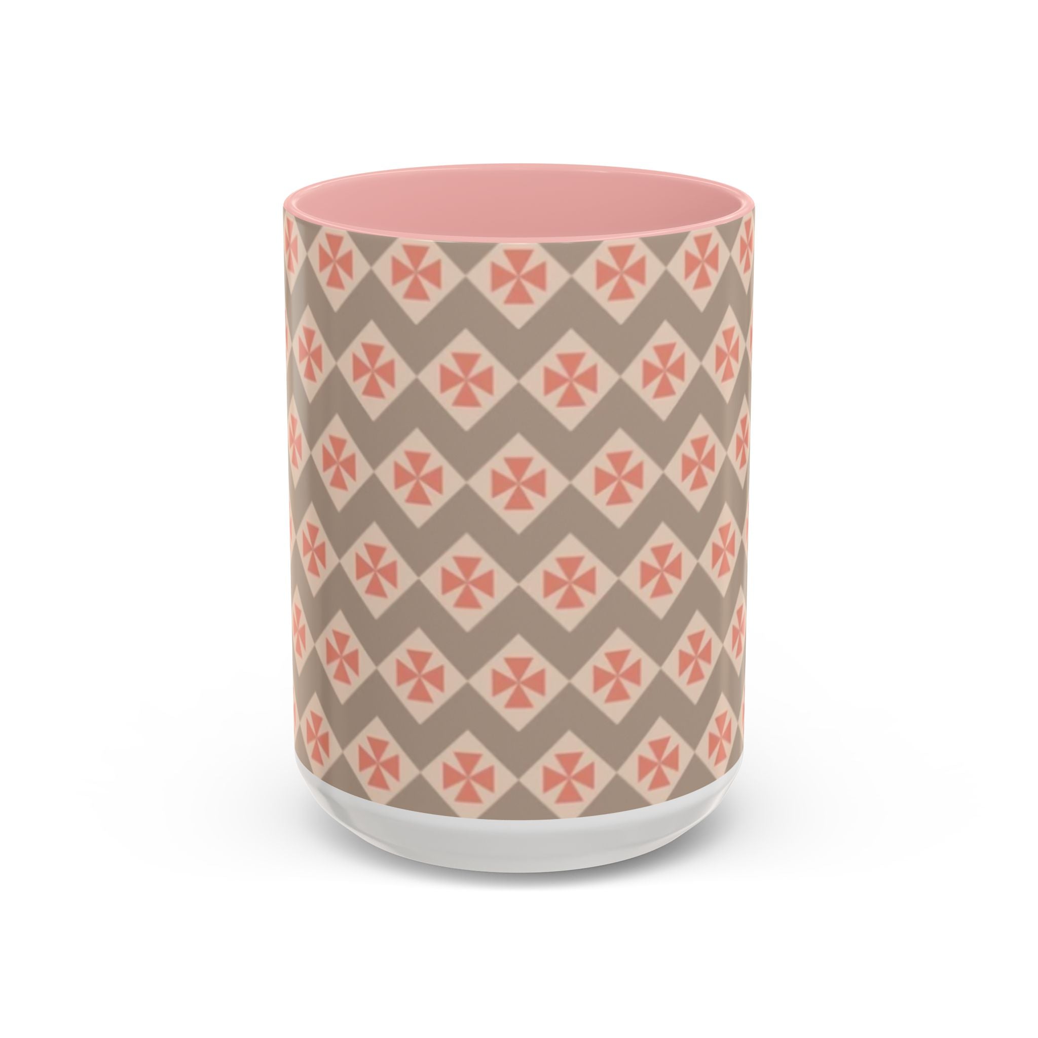 Ceramic Coffee Mug — Subtle Tile Pattern, Pink Handle & Interior (11/15 oz)