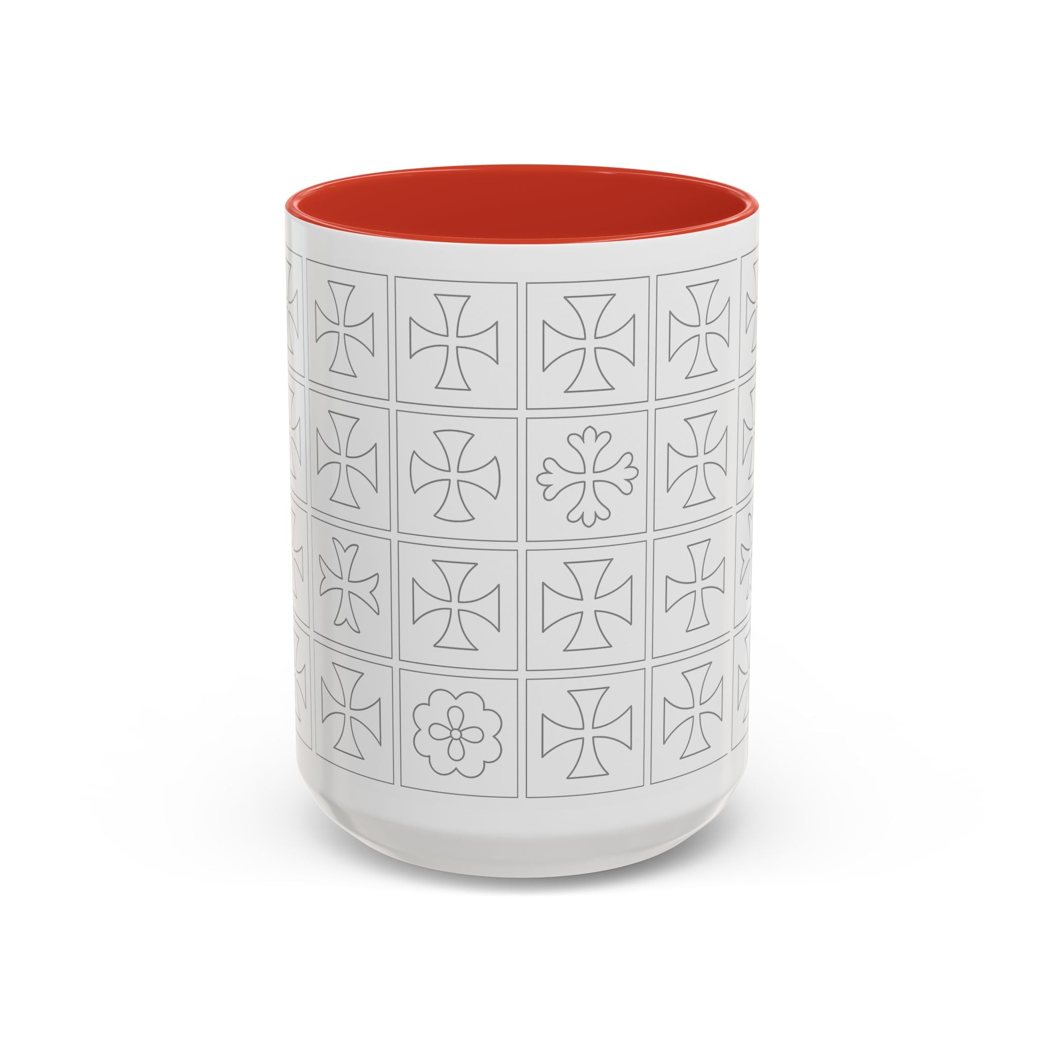 Ceramic Coffee Mug — Subtle Maltese Cross Tile Pattern, Black Handle & Interior (11/15 oz)