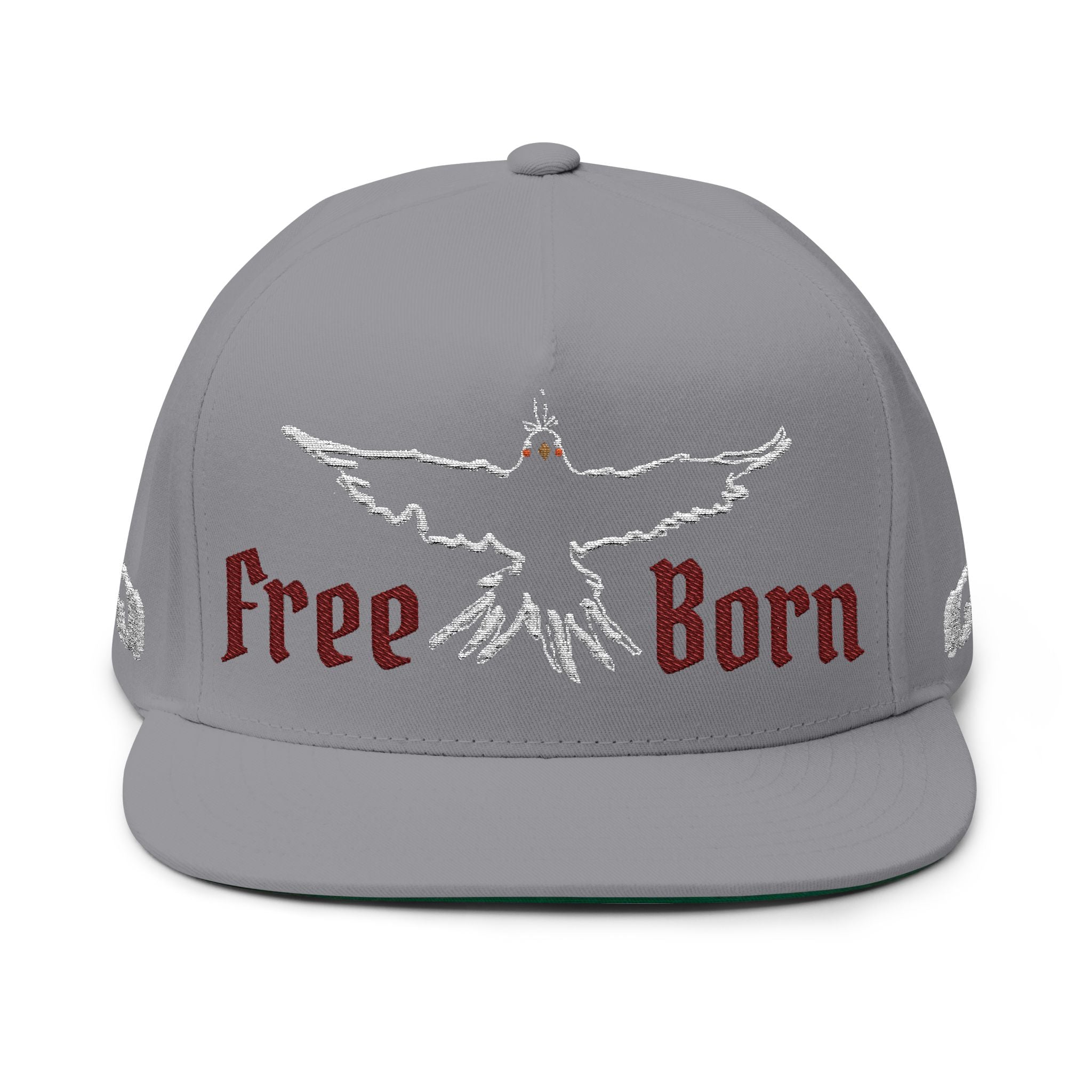 Flat Bill Cap — 'Free Born' Embroidered Bird Snapback (Custom Date & Text Option)