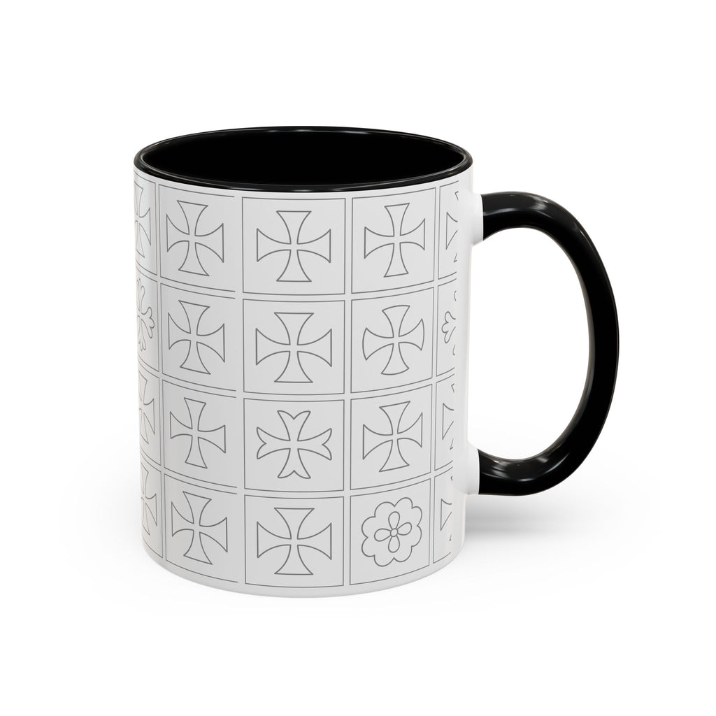 Ceramic Coffee Mug — Subtle Maltese Cross Tile Pattern, Black Handle & Interior (11/15 oz)
