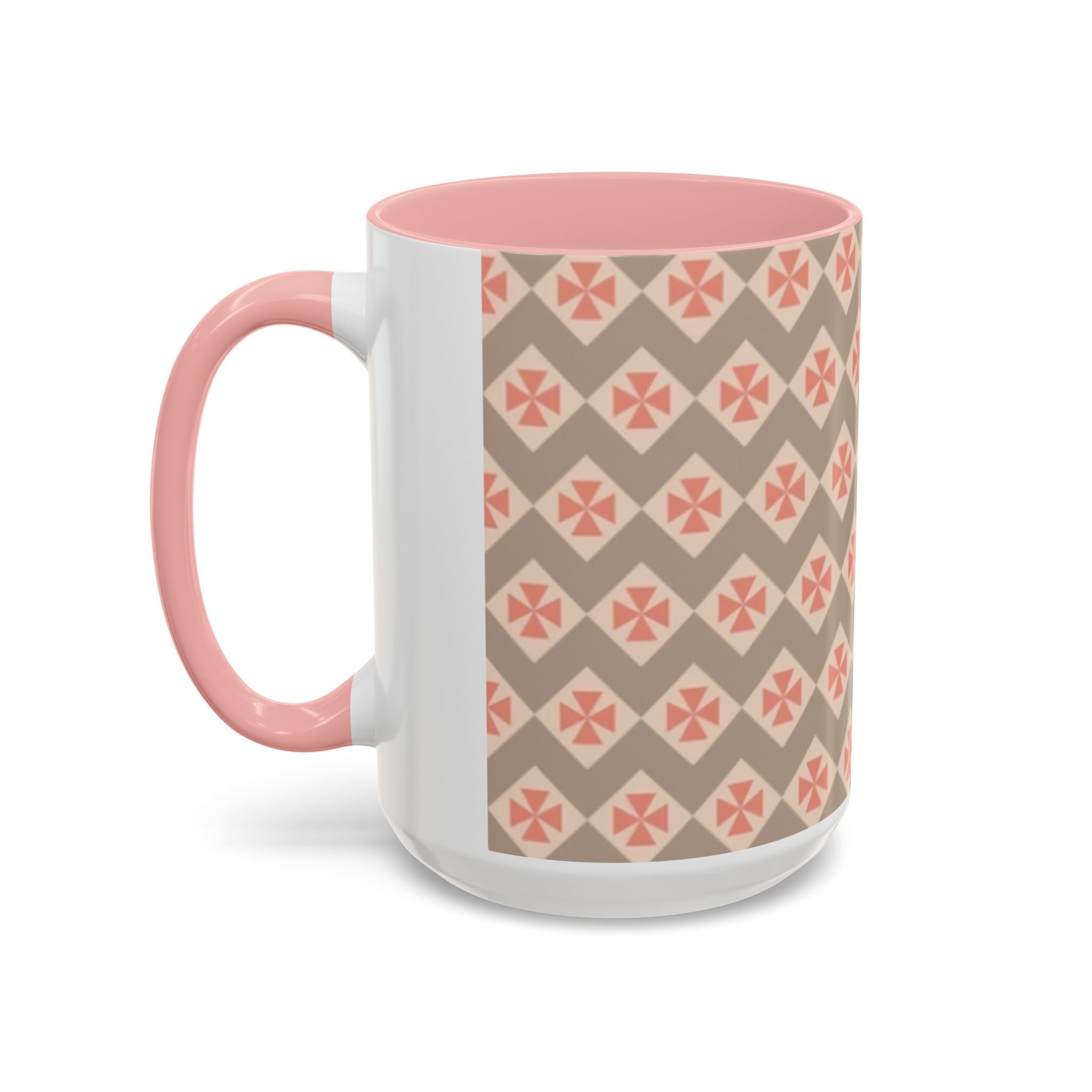 Ceramic Coffee Mug — Subtle Tile Pattern, Pink Handle & Interior (11/15 oz)