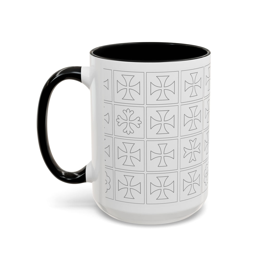 Ceramic Coffee Mug — Subtle Maltese Cross Tile Pattern, Black Handle & Interior (11/15 oz)