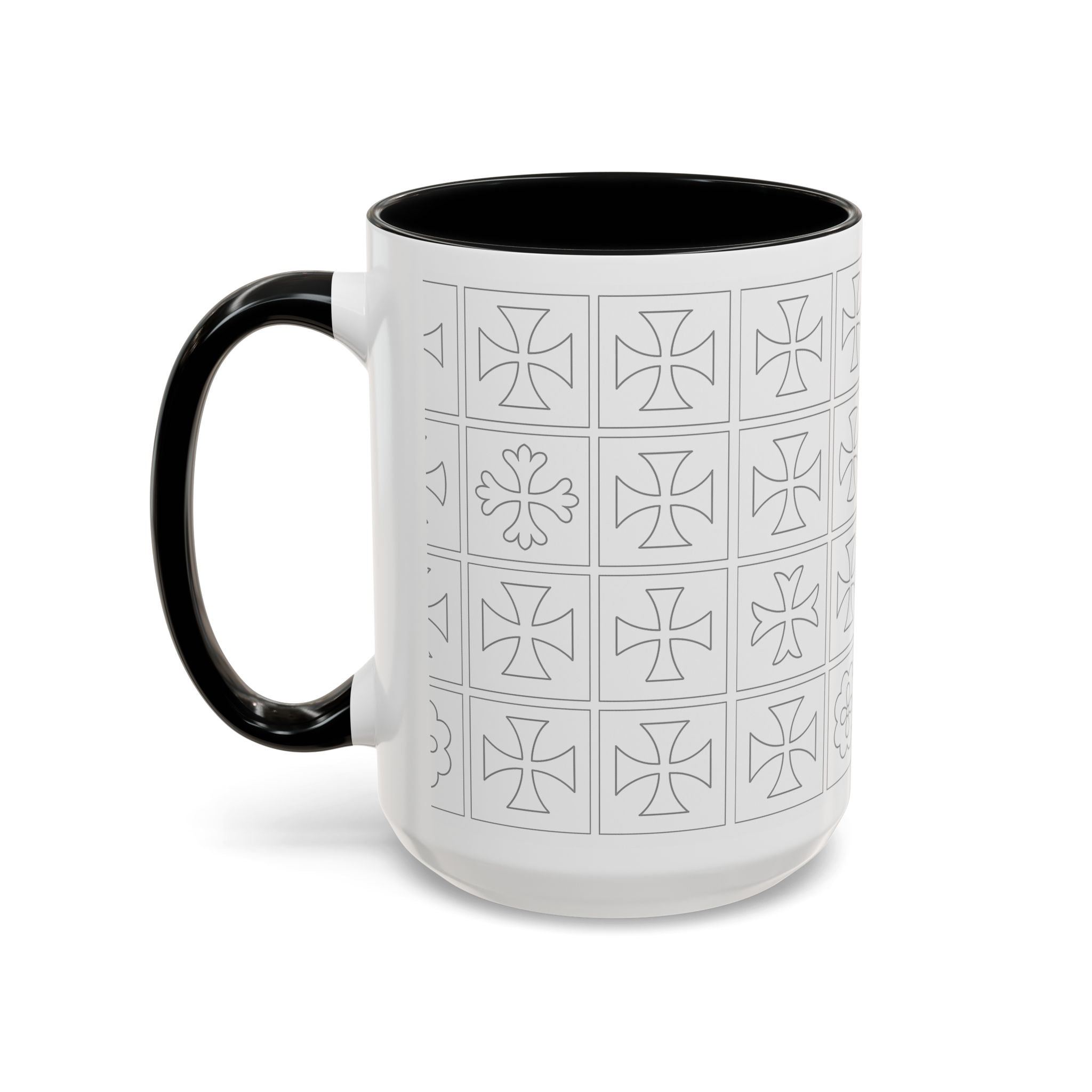 Ceramic Coffee Mug — Subtle Maltese Cross Tile Pattern, Black Handle & Interior (11/15 oz)
