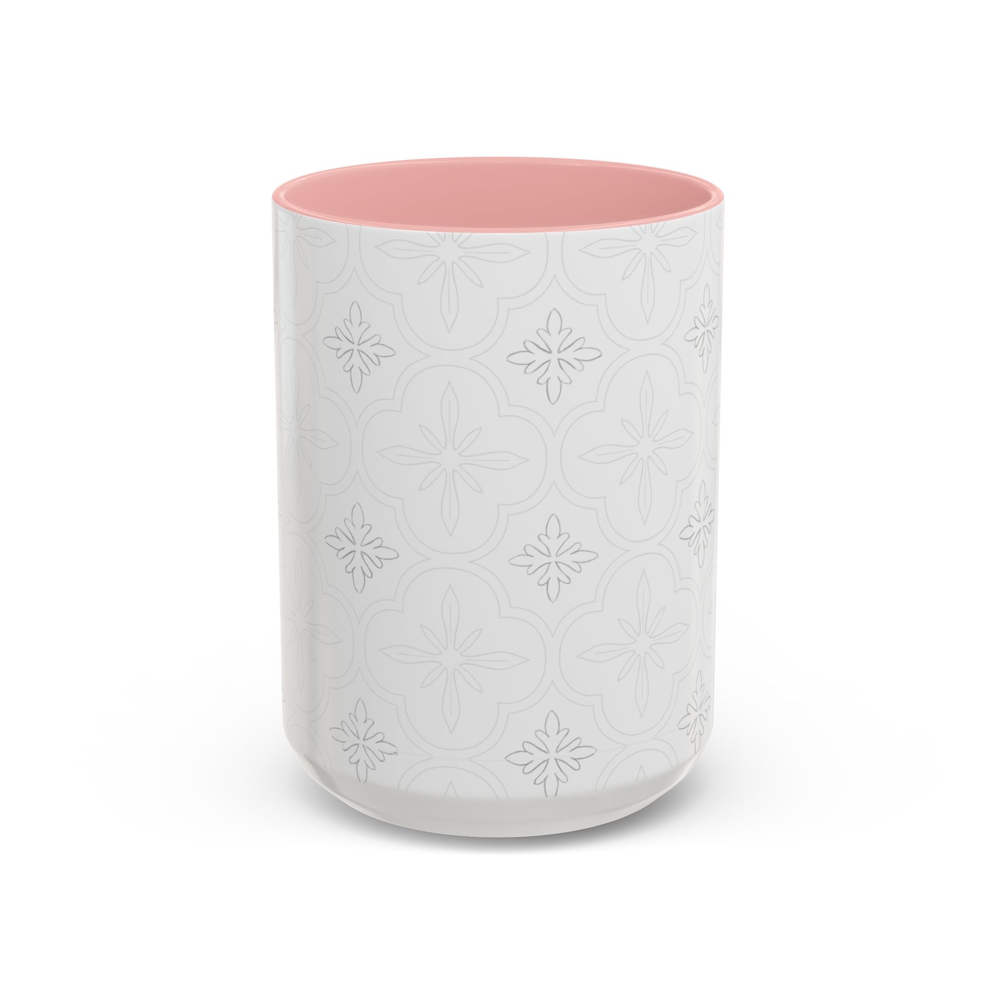Ceramic Coffee Mug — Subtle Tile Pattern, Pink Handle & Interior (11/15 oz)
