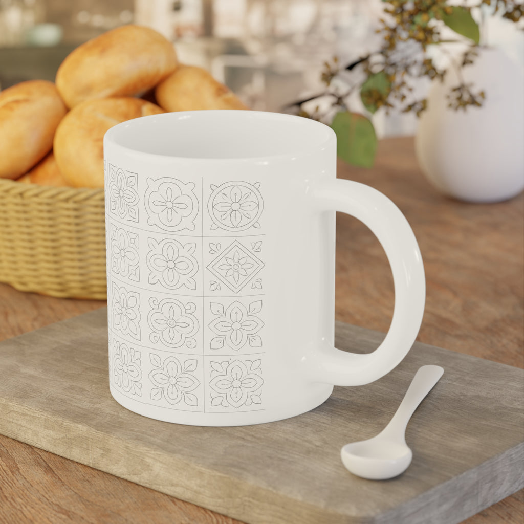 White Tile Pattern Ceramic Mug — Minimal Floral Mosaic Coffee Cup (11/15/20oz)