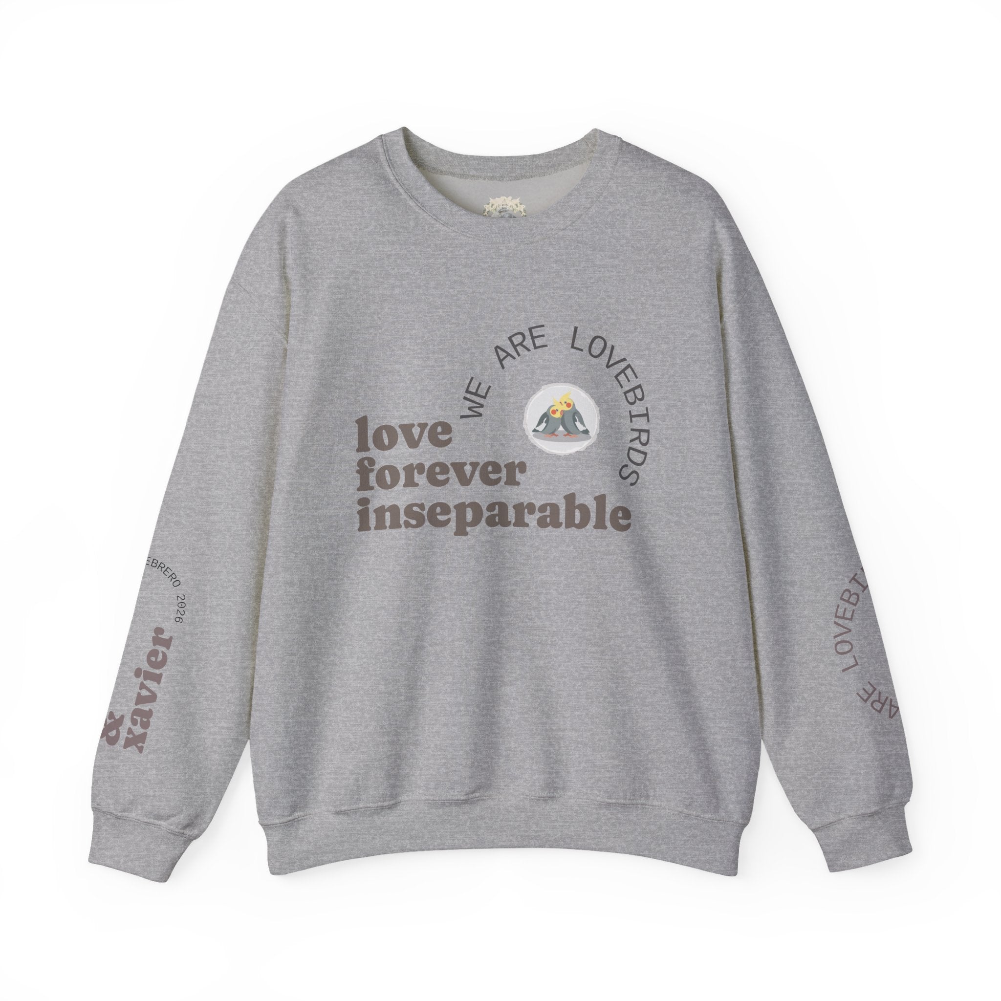 Cockatiel Couples Sweatshirt — "Love Forever Inseparable" Cute Bird Lover Crewneck — Couple names & date customizable
