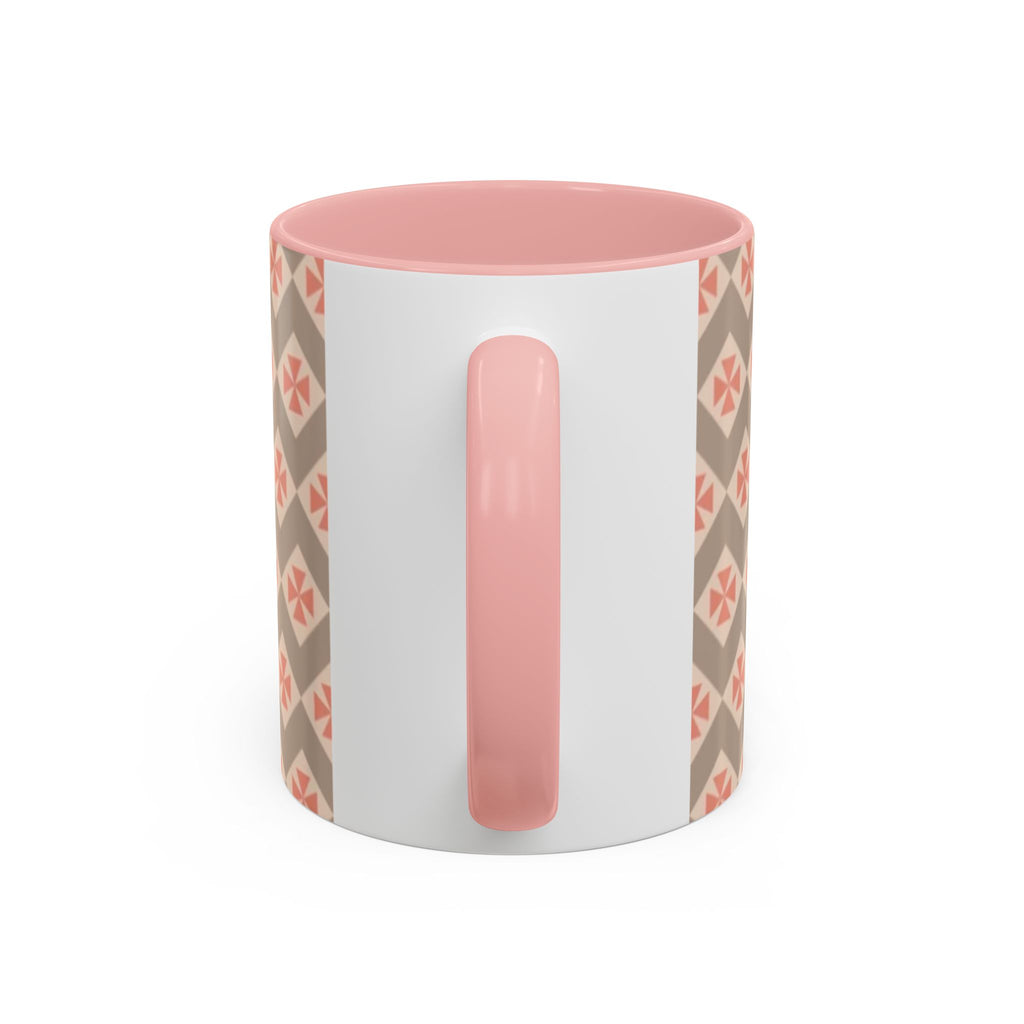 Ceramic Coffee Mug — Subtle Tile Pattern, Pink Handle & Interior (11/15 oz)