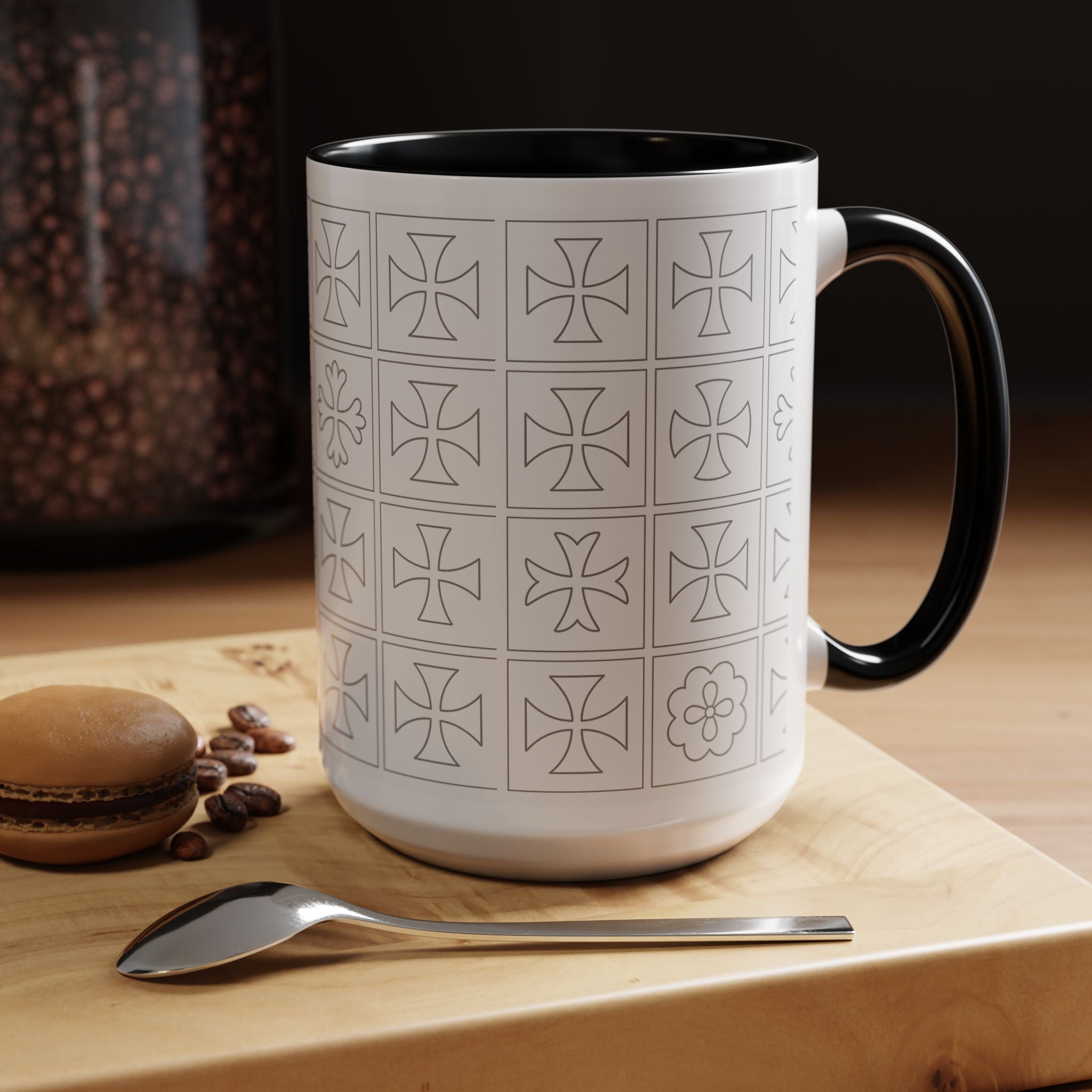 Ceramic Coffee Mug — Subtle Maltese Cross Tile Pattern, Black Handle & Interior (11/15 oz)