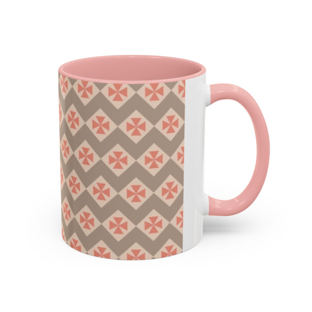 Ceramic Coffee Mug — Subtle Tile Pattern, Pink Handle & Interior (11/15 oz)