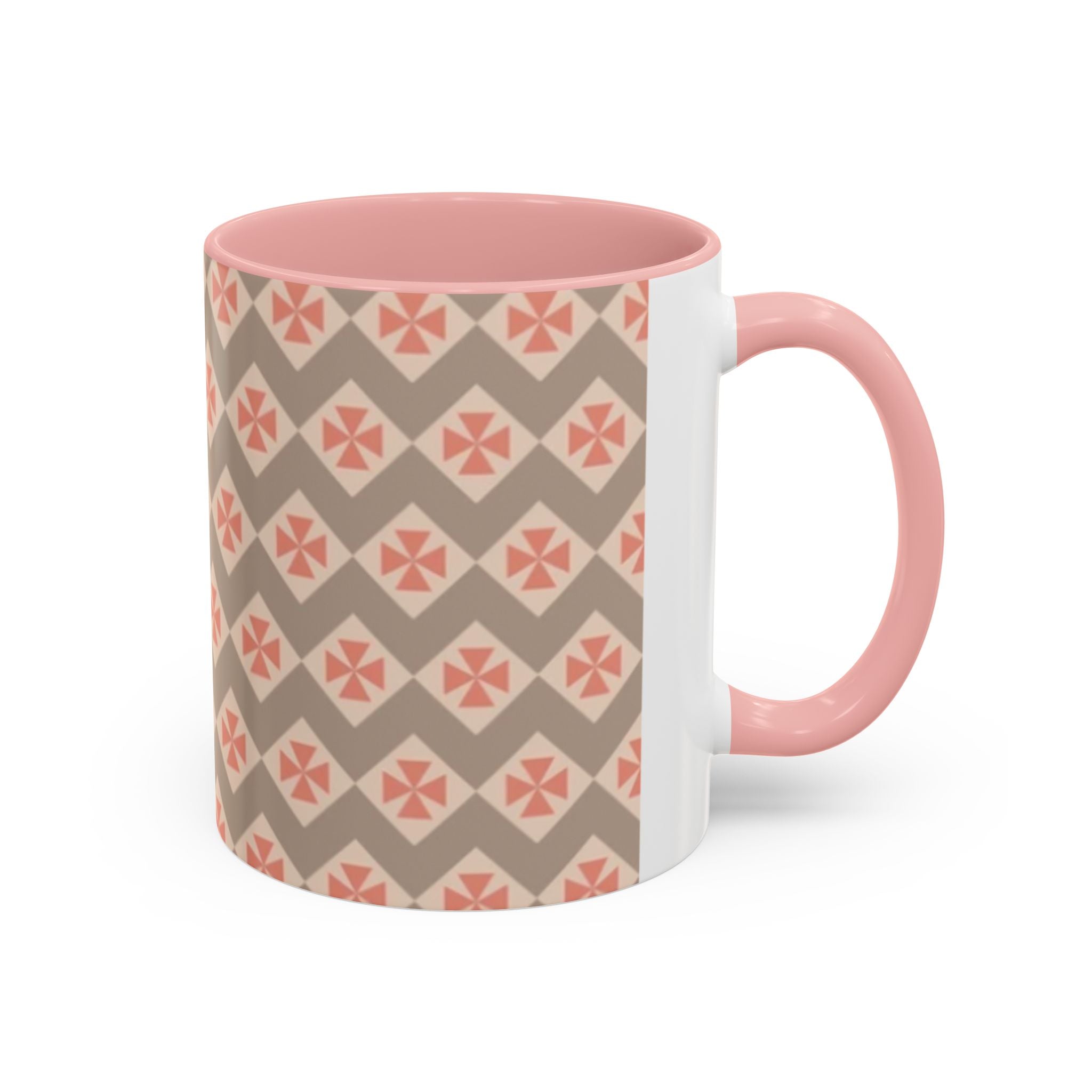 Ceramic Coffee Mug — Subtle Tile Pattern, Pink Handle & Interior (11/15 oz)