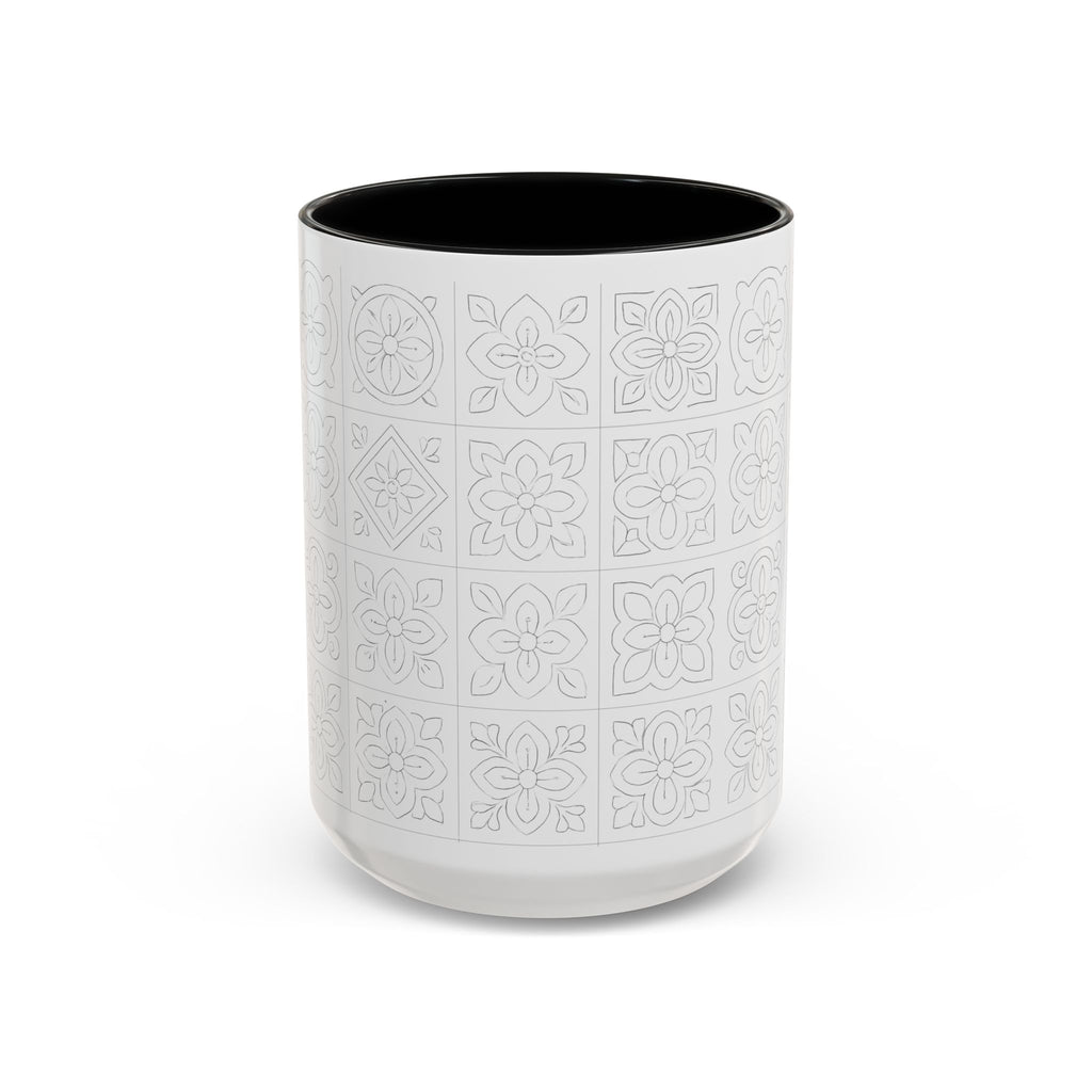 Ceramic Coffee Mug — Subtle Maltese Tile Pattern, Black Handle & Interior (11/15 oz)