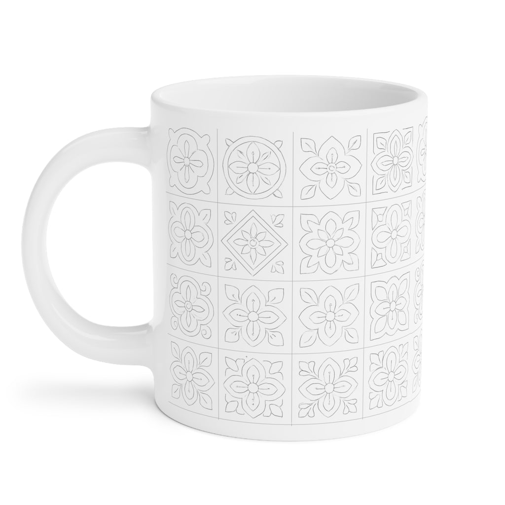 White Tile Pattern Ceramic Mug — Minimal Floral Mosaic Coffee Cup (11/15/20oz)