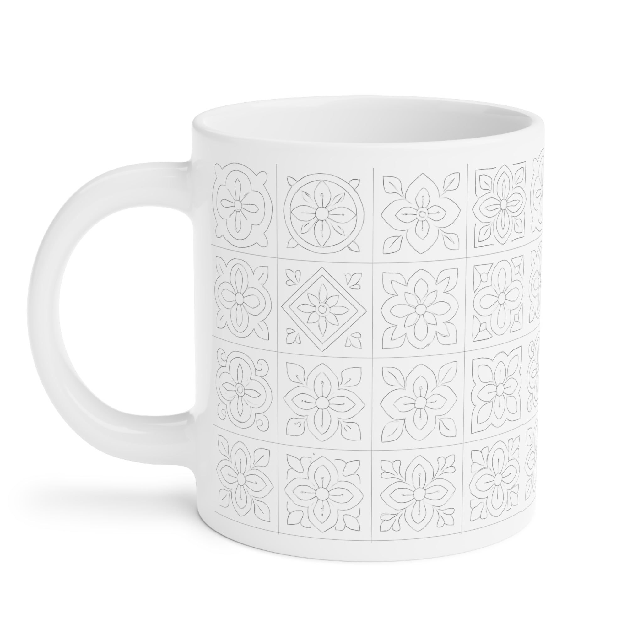 White Tile Pattern Ceramic Mug — Minimal Floral Mosaic Coffee Cup (11/15/20oz)