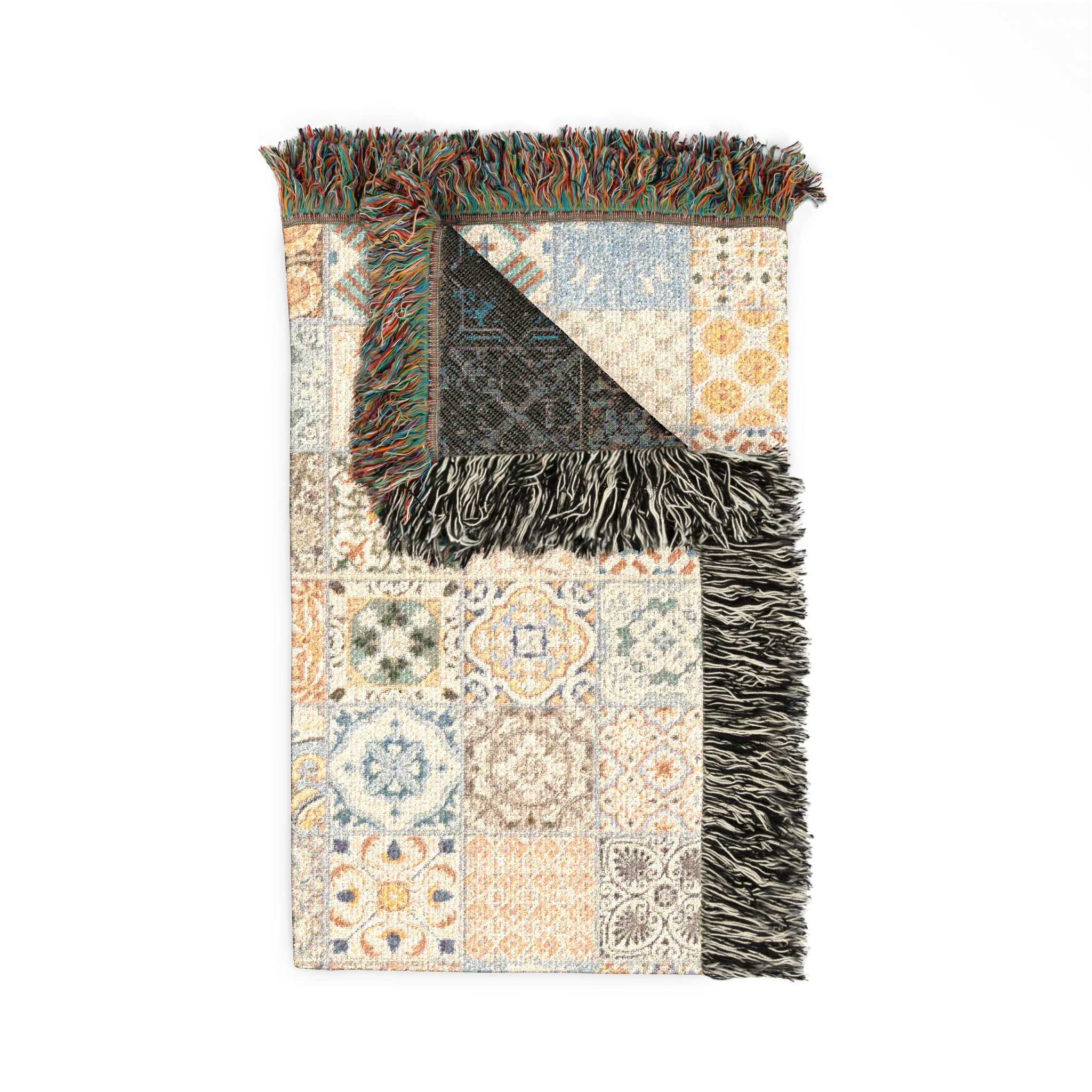 Maltese Tile Woven Throw Blanket | Reversible Cotton Patchwork Blanket with Fringe | Neutral Boho Mediterranean Home Decor