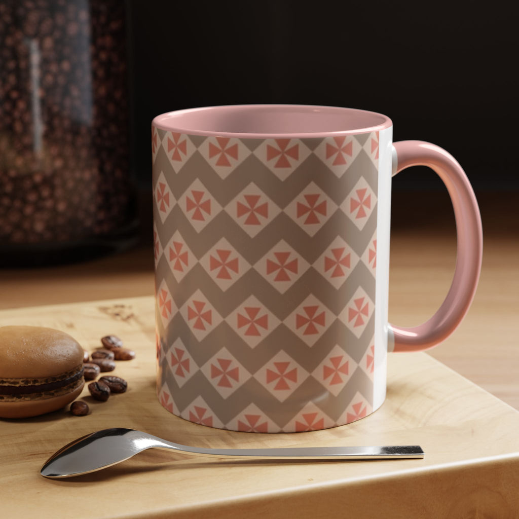 Ceramic Coffee Mug — Subtle Tile Pattern, Pink Handle & Interior (11/15 oz)