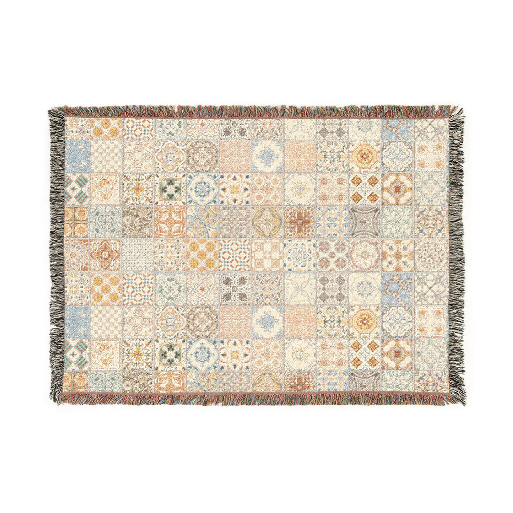 Maltese Tile Woven Throw Blanket | Reversible Cotton Patchwork Blanket with Fringe | Neutral Boho Mediterranean Home Decor