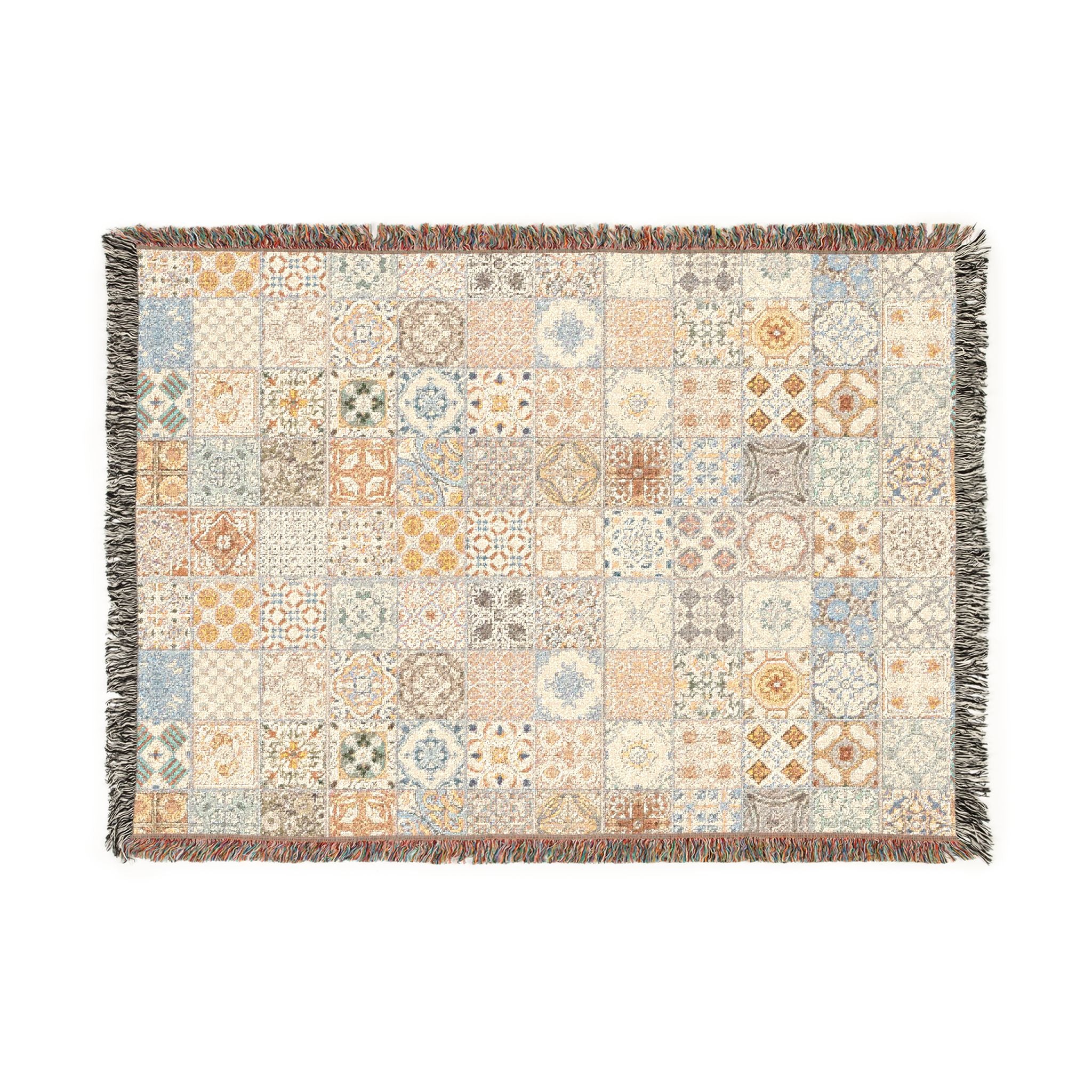 Maltese Tile Woven Throw Blanket | Reversible Cotton Patchwork Blanket with Fringe | Neutral Boho Mediterranean Home Decor