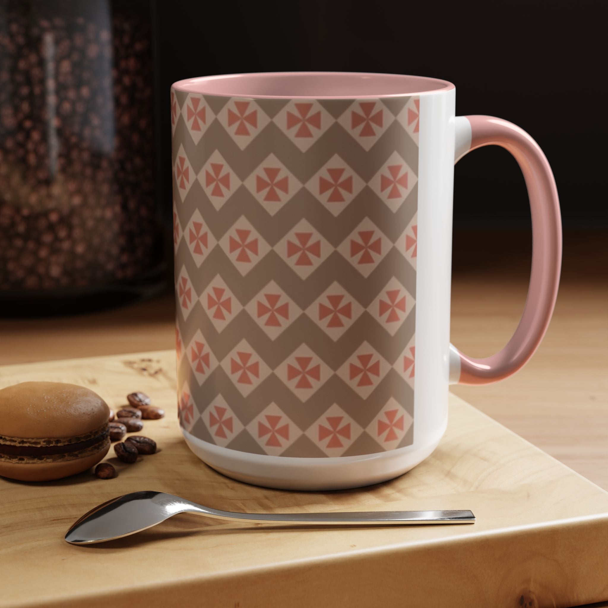 Ceramic Coffee Mug — Subtle Tile Pattern, Pink Handle & Interior (11/15 oz)