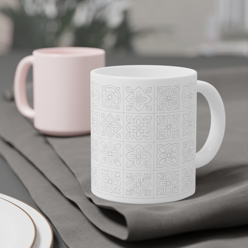 White Tile Pattern Ceramic Mug — Minimal Floral Mosaic Coffee Cup (11/15/20oz)