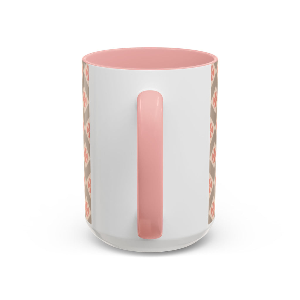 Ceramic Coffee Mug — Subtle Tile Pattern, Pink Handle & Interior (11/15 oz)
