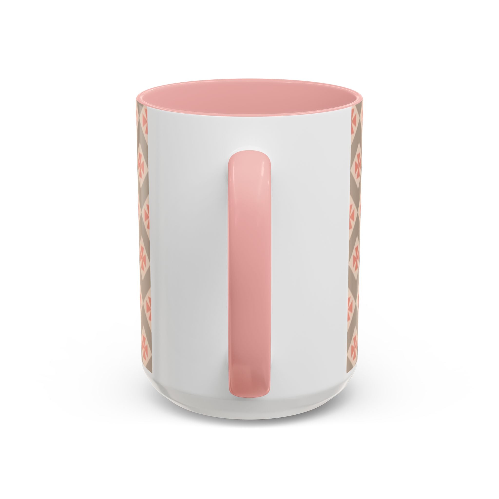 Ceramic Coffee Mug — Subtle Tile Pattern, Pink Handle & Interior (11/15 oz)