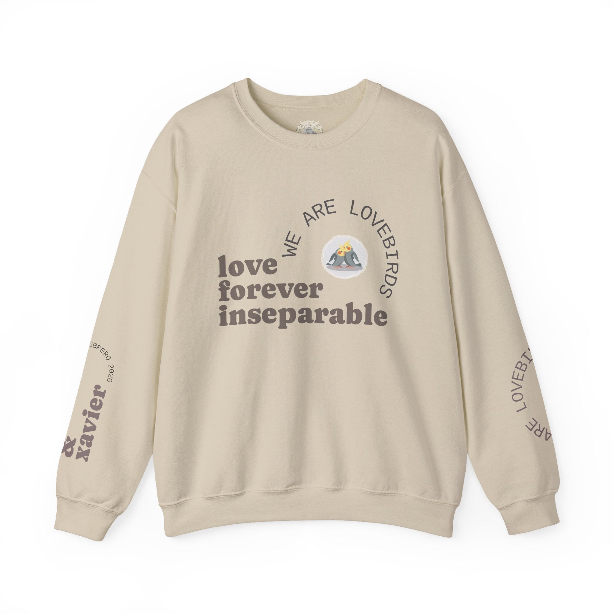 Cockatiel Couples Sweatshirt — "Love Forever Inseparable" Cute Bird Lover Crewneck — Couple names & date customizable