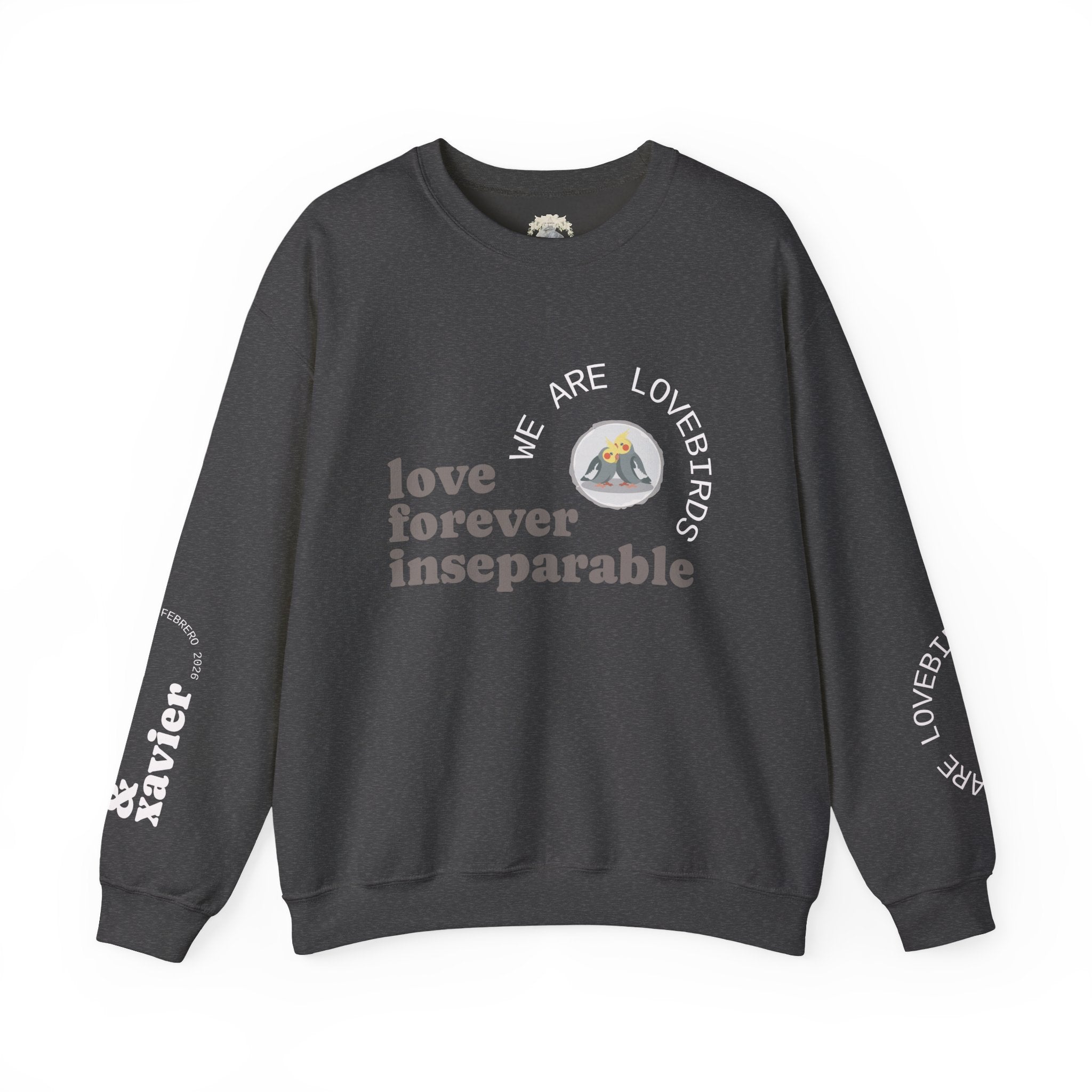 Cockatiel Couples Sweatshirt — "Love Forever Inseparable" Cute Bird Lover Crewneck — Couple names & date customizable