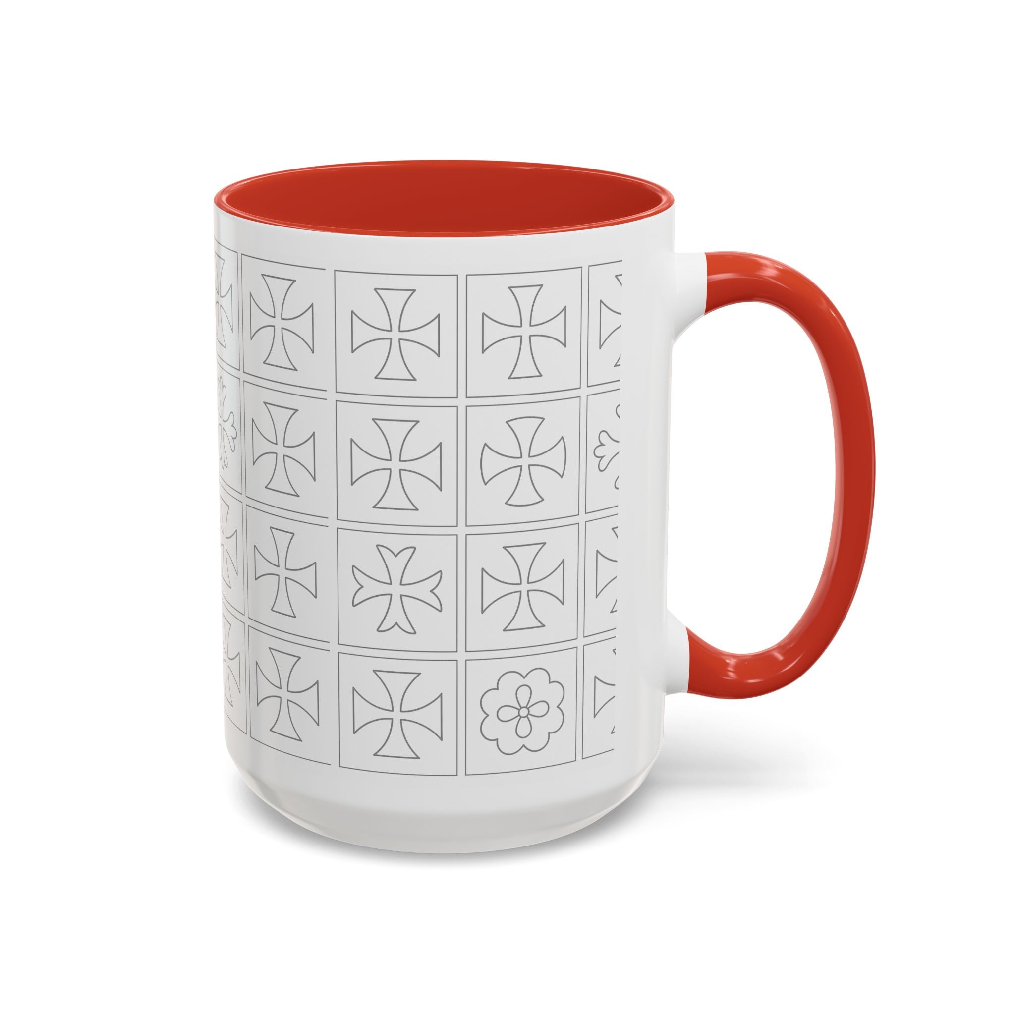 Ceramic Coffee Mug — Subtle Maltese Cross Tile Pattern, Black Handle & Interior (11/15 oz)