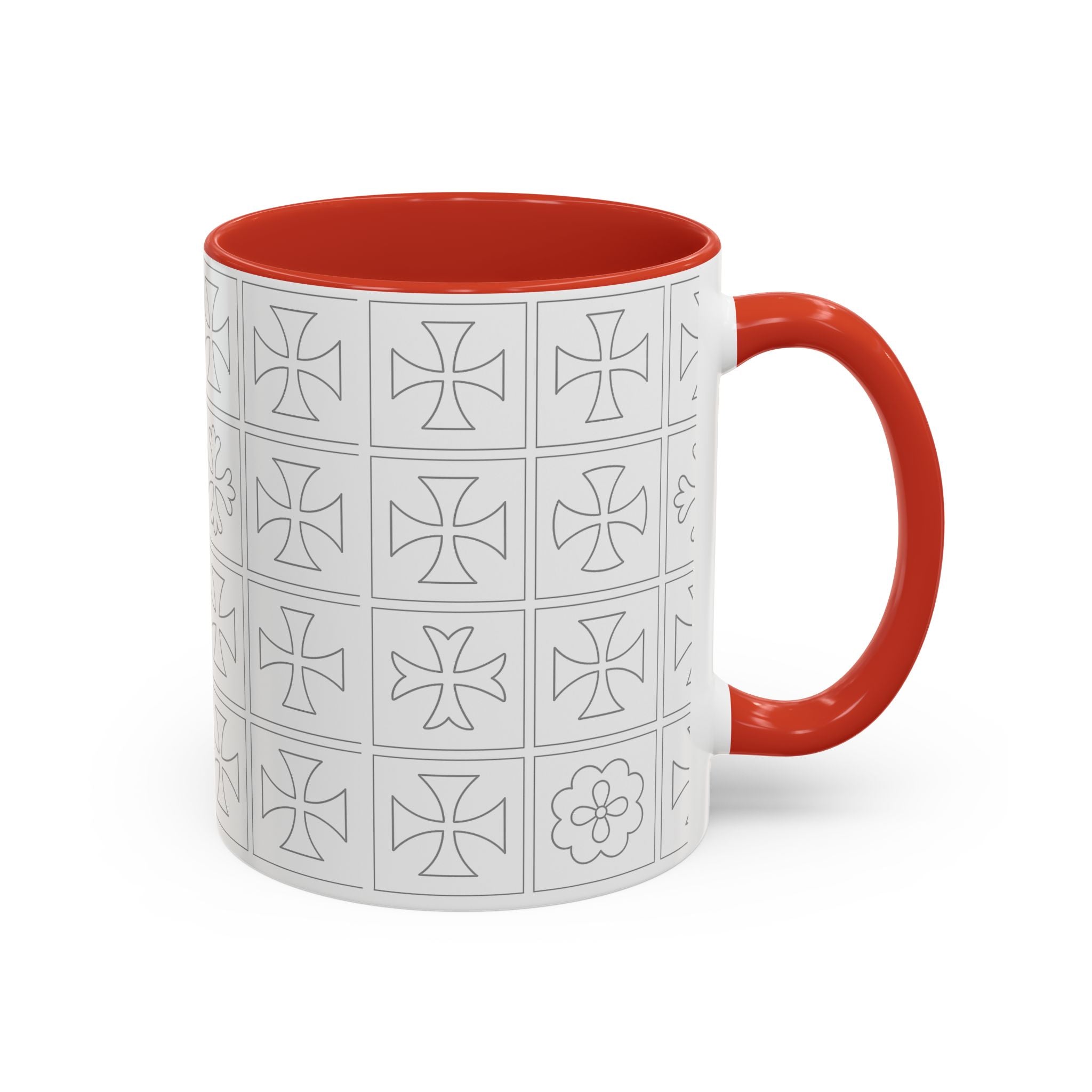 Ceramic Coffee Mug — Subtle Maltese Cross Tile Pattern, Black Handle & Interior (11/15 oz)