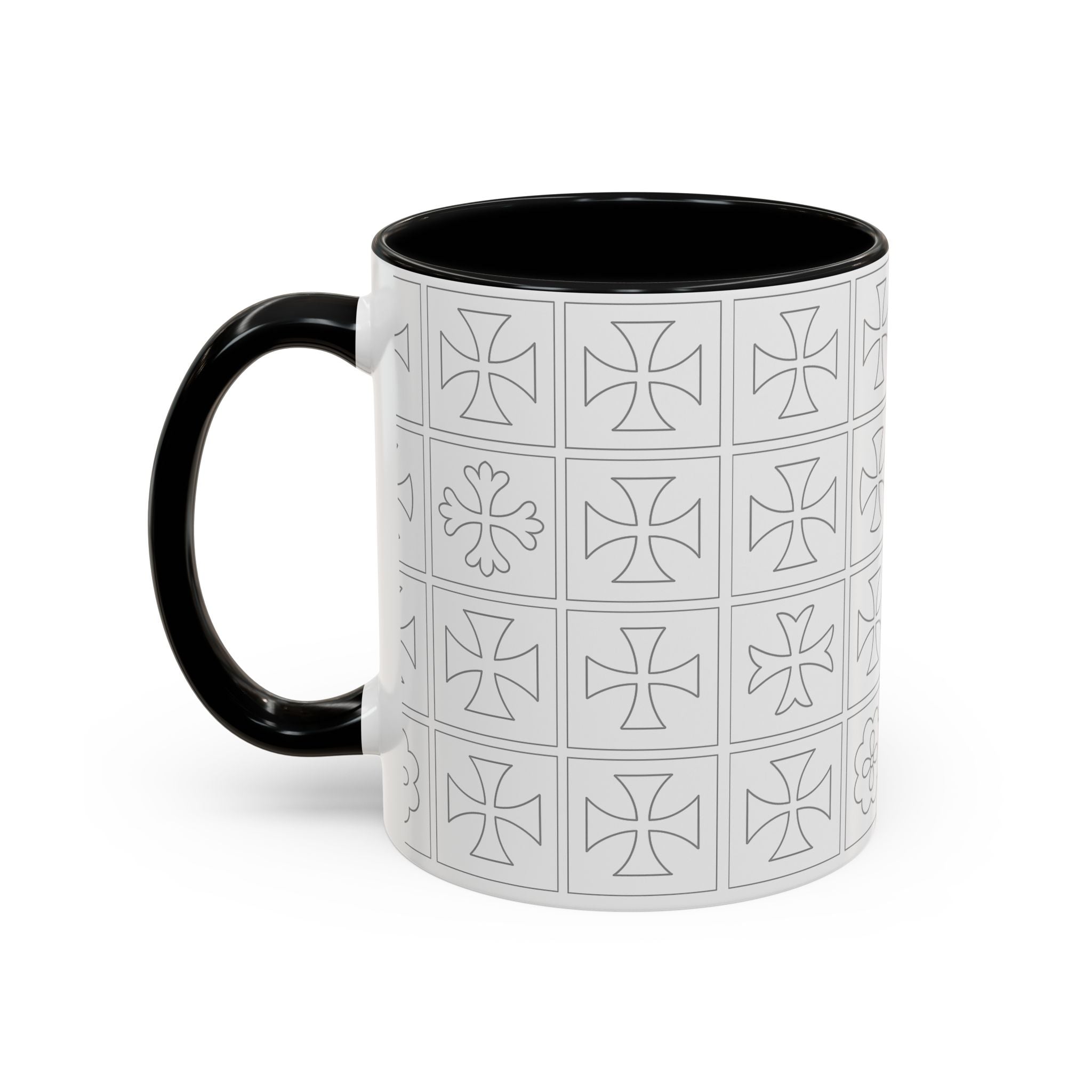 Ceramic Coffee Mug — Subtle Maltese Cross Tile Pattern, Black Handle & Interior (11/15 oz)
