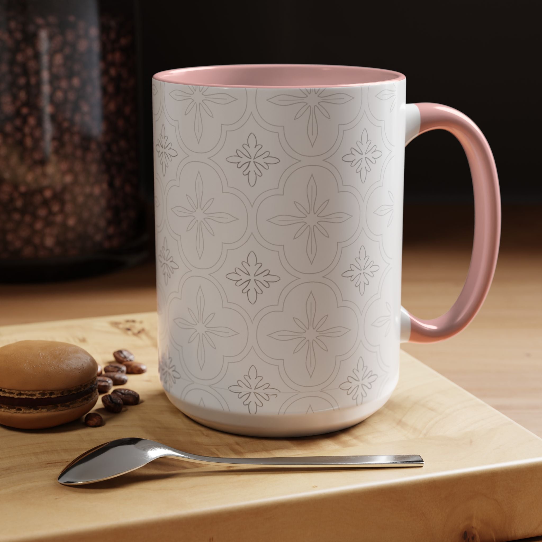 Ceramic Coffee Mug — Subtle Tile Pattern, Colored Handle & Interior (11/15 oz)