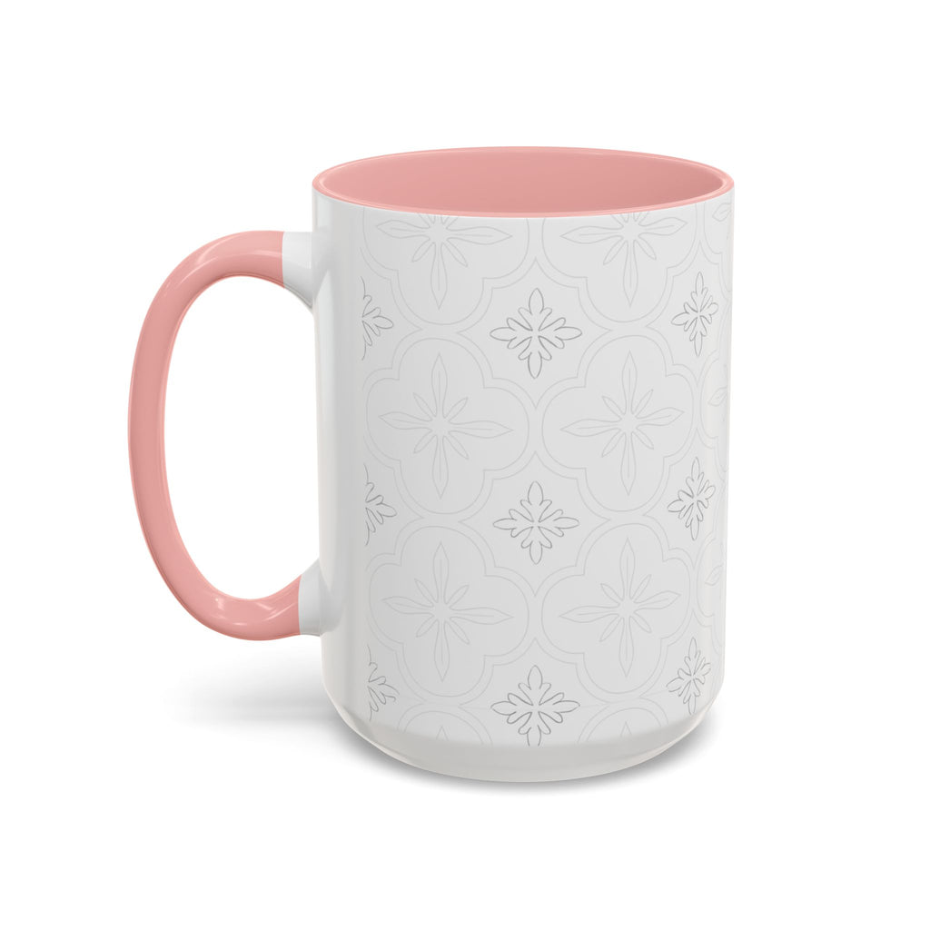 Ceramic Coffee Mug — Subtle Tile Pattern, Pink Handle & Interior (11/15 oz)
