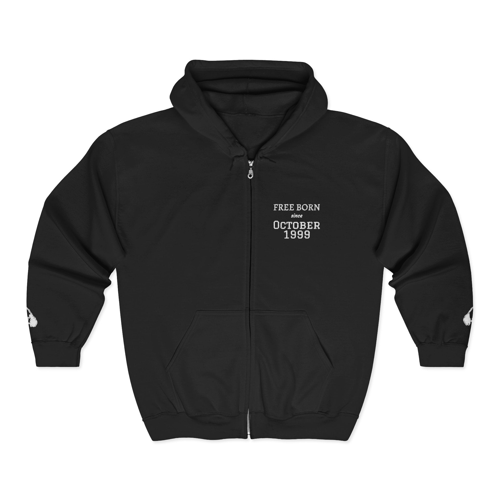 Custom “Free Born” Zip Hoodie – Cockatiel Back Graphic, Wing Embroidered Sleeves, Personalized Birth Month & Year