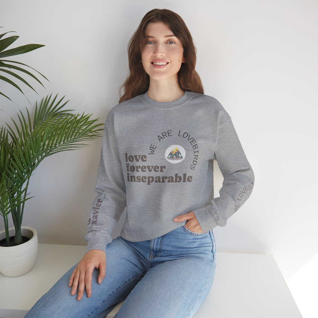 Cockatiel Couples Sweatshirt — "Love Forever Inseparable" Cute Bird Lover Crewneck — Couple names & date customizable