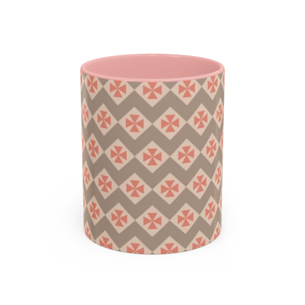 Ceramic Coffee Mug — Subtle Tile Pattern, Pink Handle & Interior (11/15 oz)