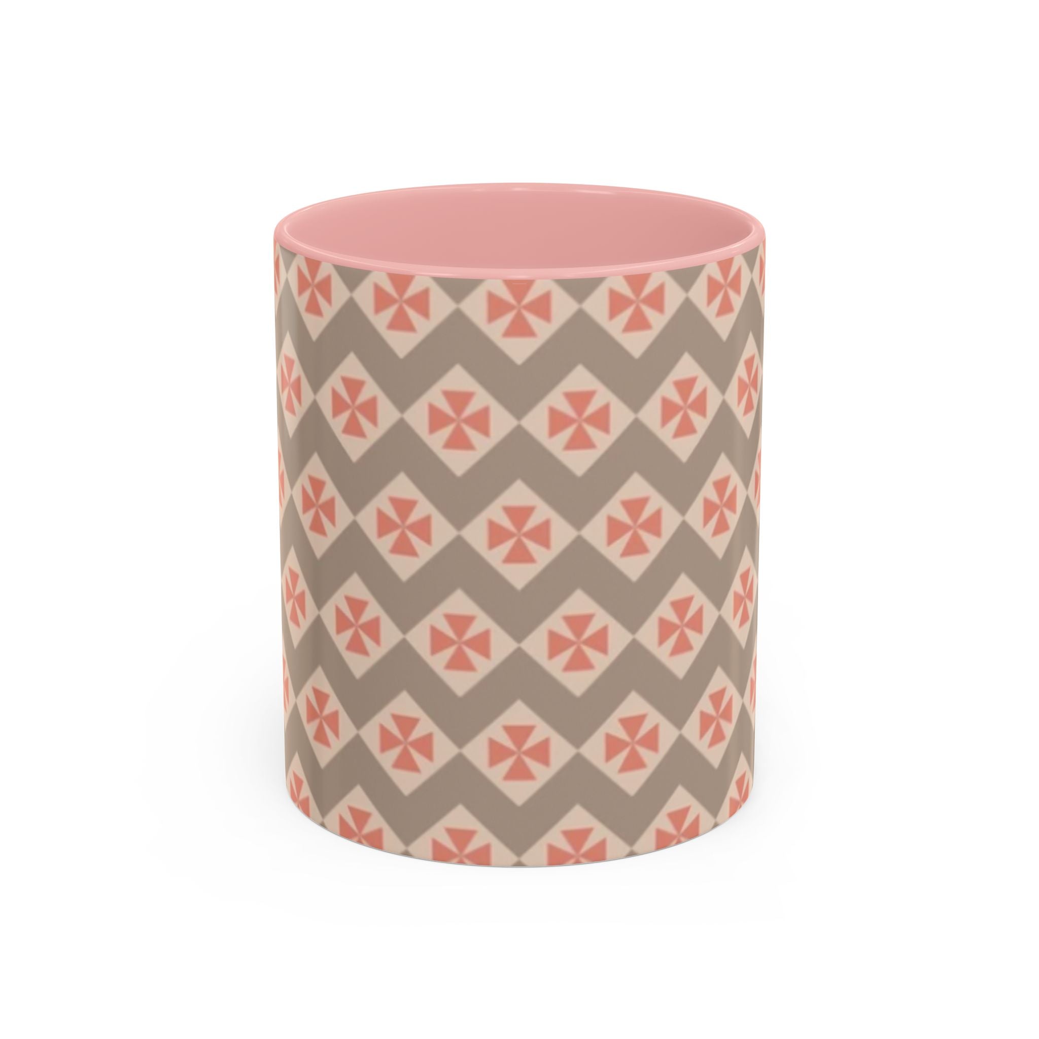 Ceramic Coffee Mug — Subtle Tile Pattern, Pink Handle & Interior (11/15 oz)