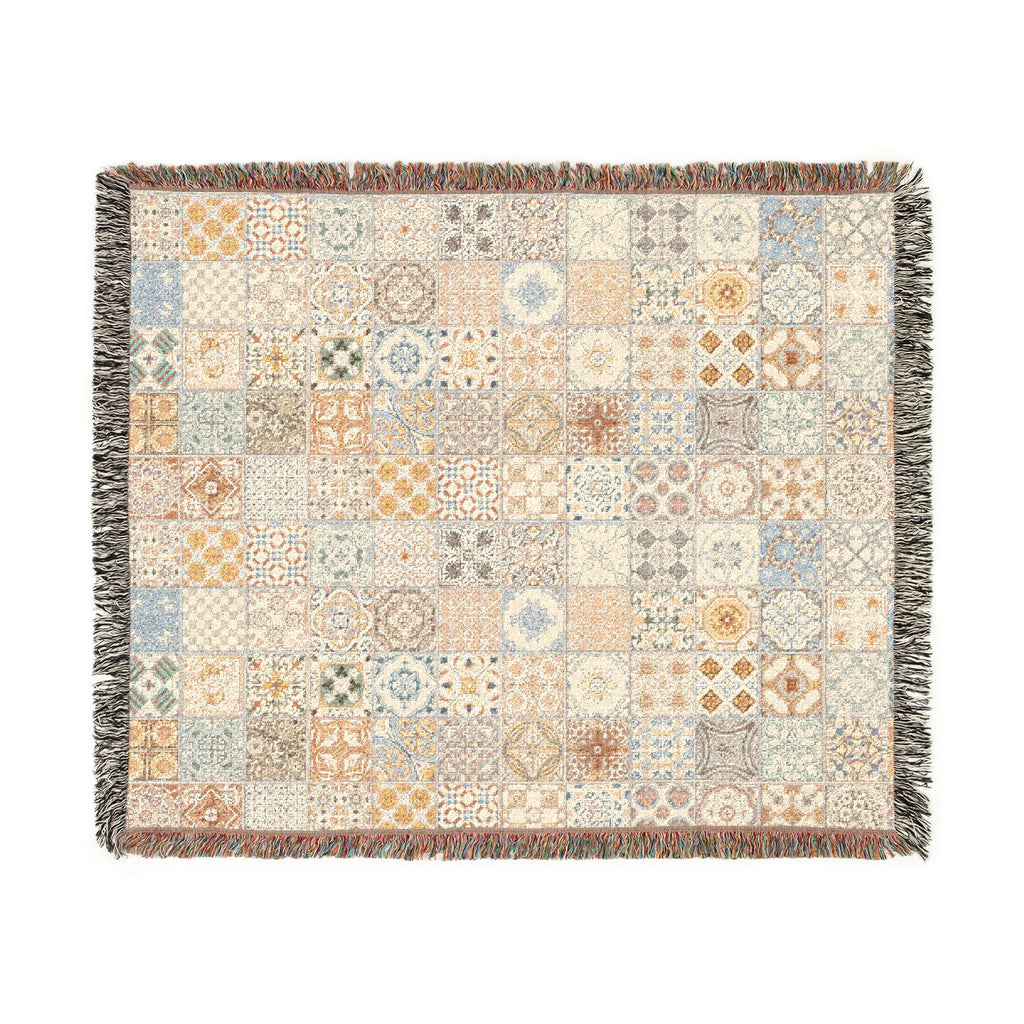Maltese Tile Woven Throw Blanket | Reversible Cotton Patchwork Blanket with Fringe | Neutral Boho Mediterranean Home Decor