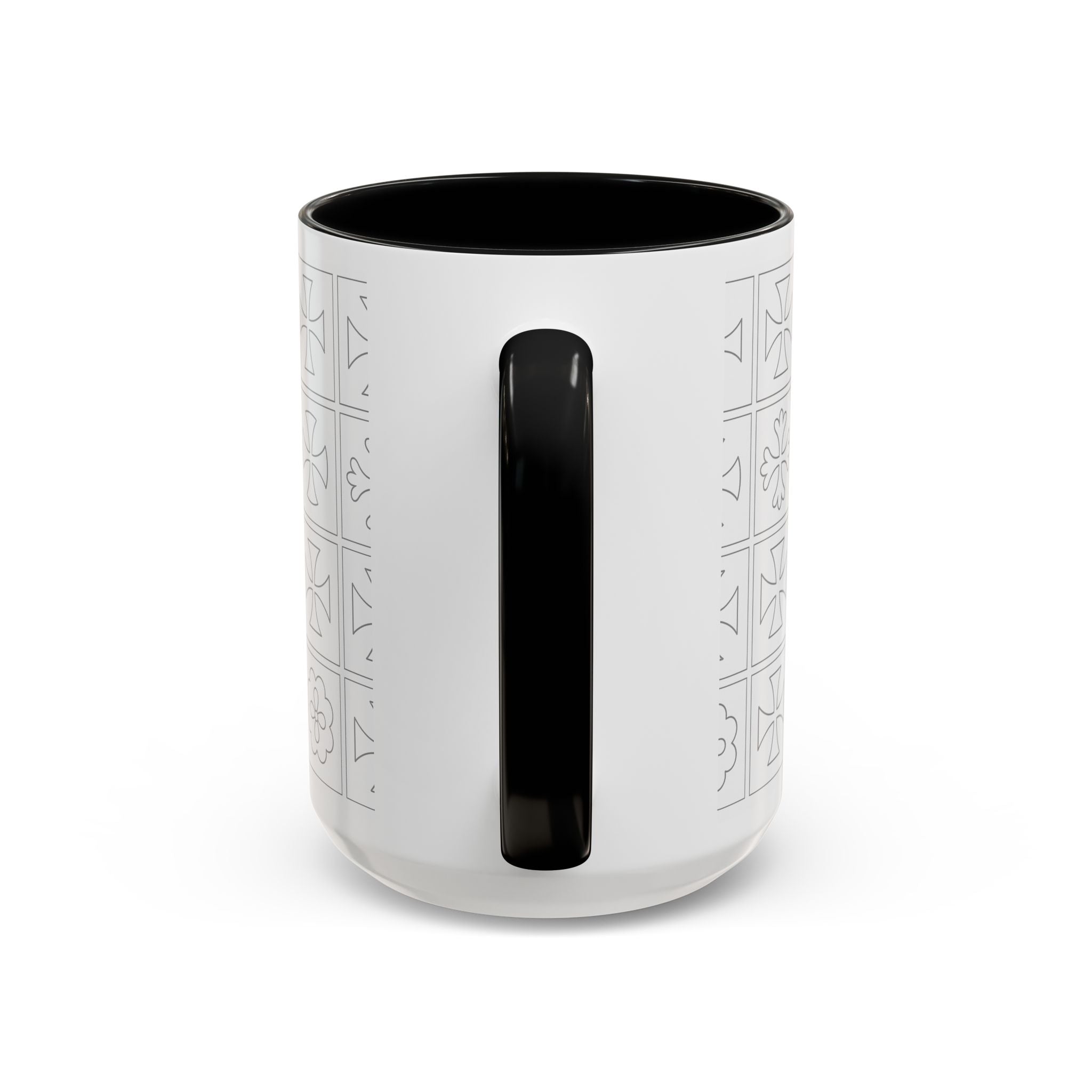 Ceramic Coffee Mug — Subtle Maltese Cross Tile Pattern, Black Handle & Interior (11/15 oz)