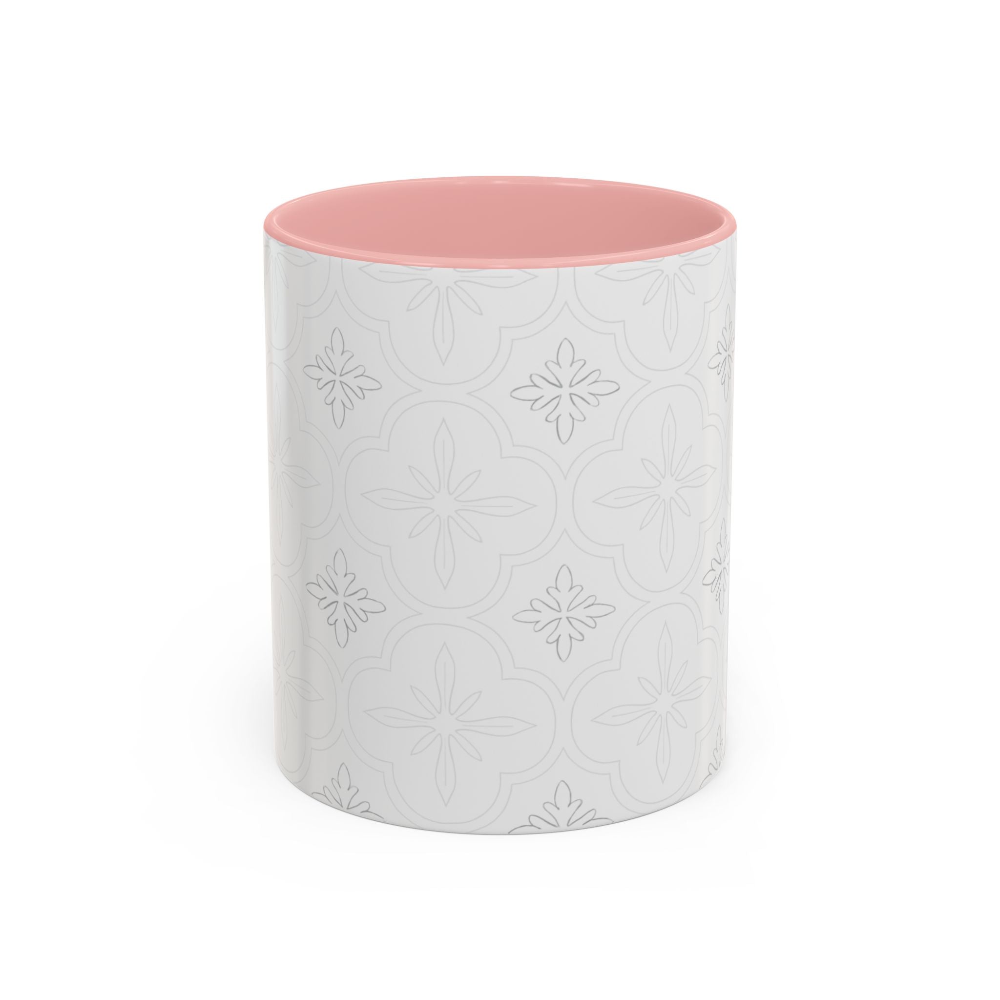 Ceramic Coffee Mug — Subtle Tile Pattern, Pink Handle & Interior (11/15 oz)