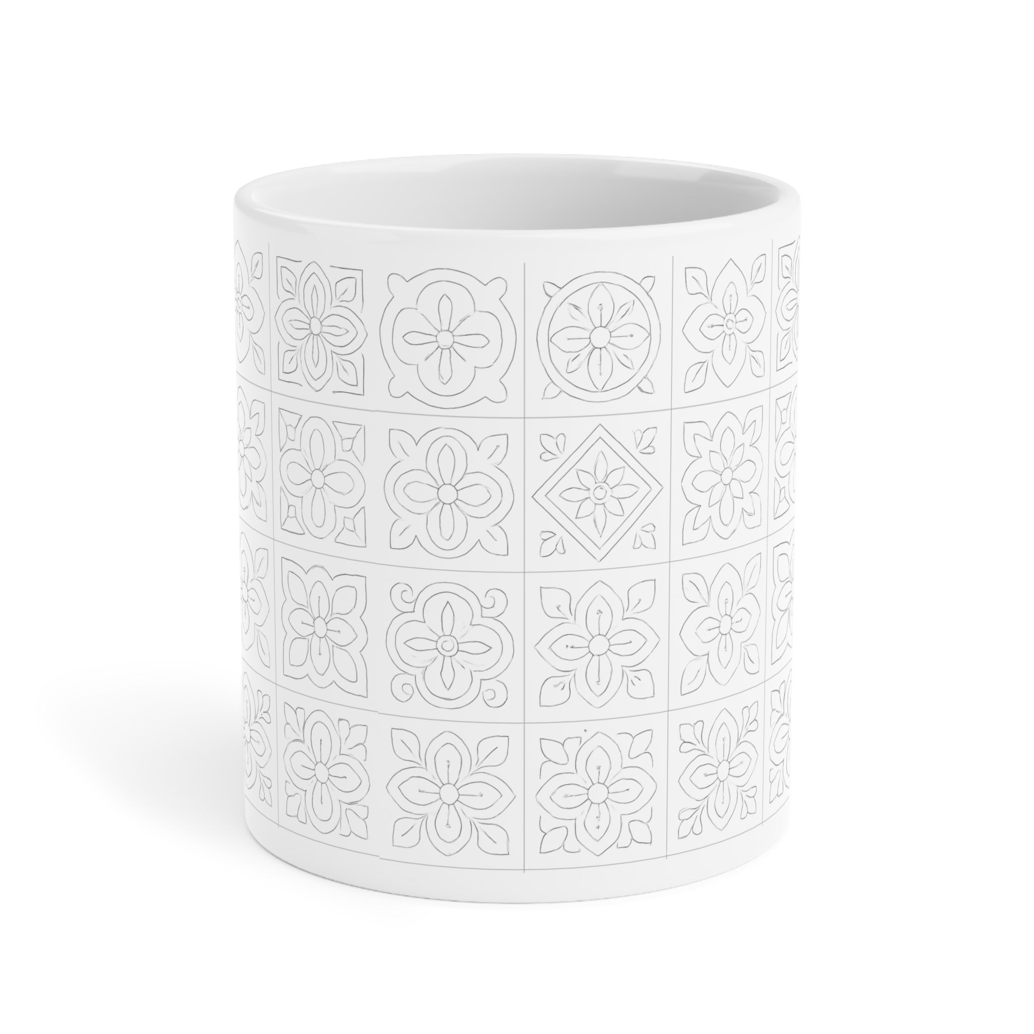 White Tile Pattern Ceramic Mug — Minimal Floral Mosaic Coffee Cup (11/15/20oz)
